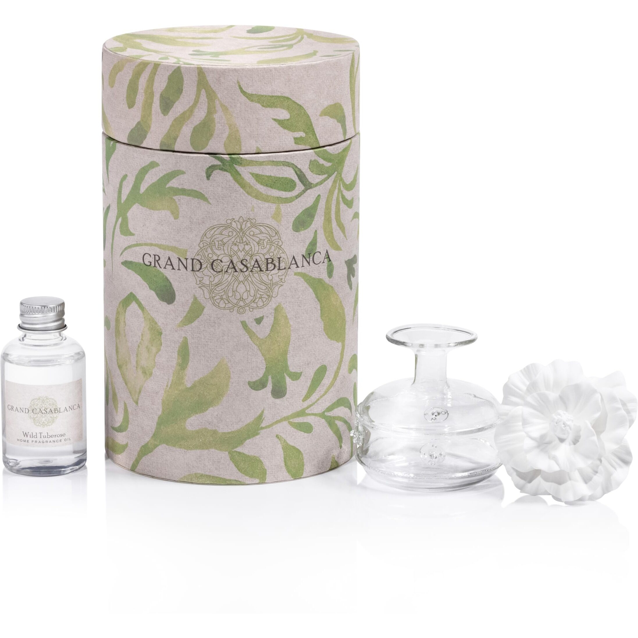 Zodax Grand Casablanca Reed Diffuser - Home Fragrance Oil Diffuser Ideal For Living Room, Bathroom, Office - Porcelain Flower Design - Gift Box Packaging Included - Wild Tuberose - 1.69 Oz.