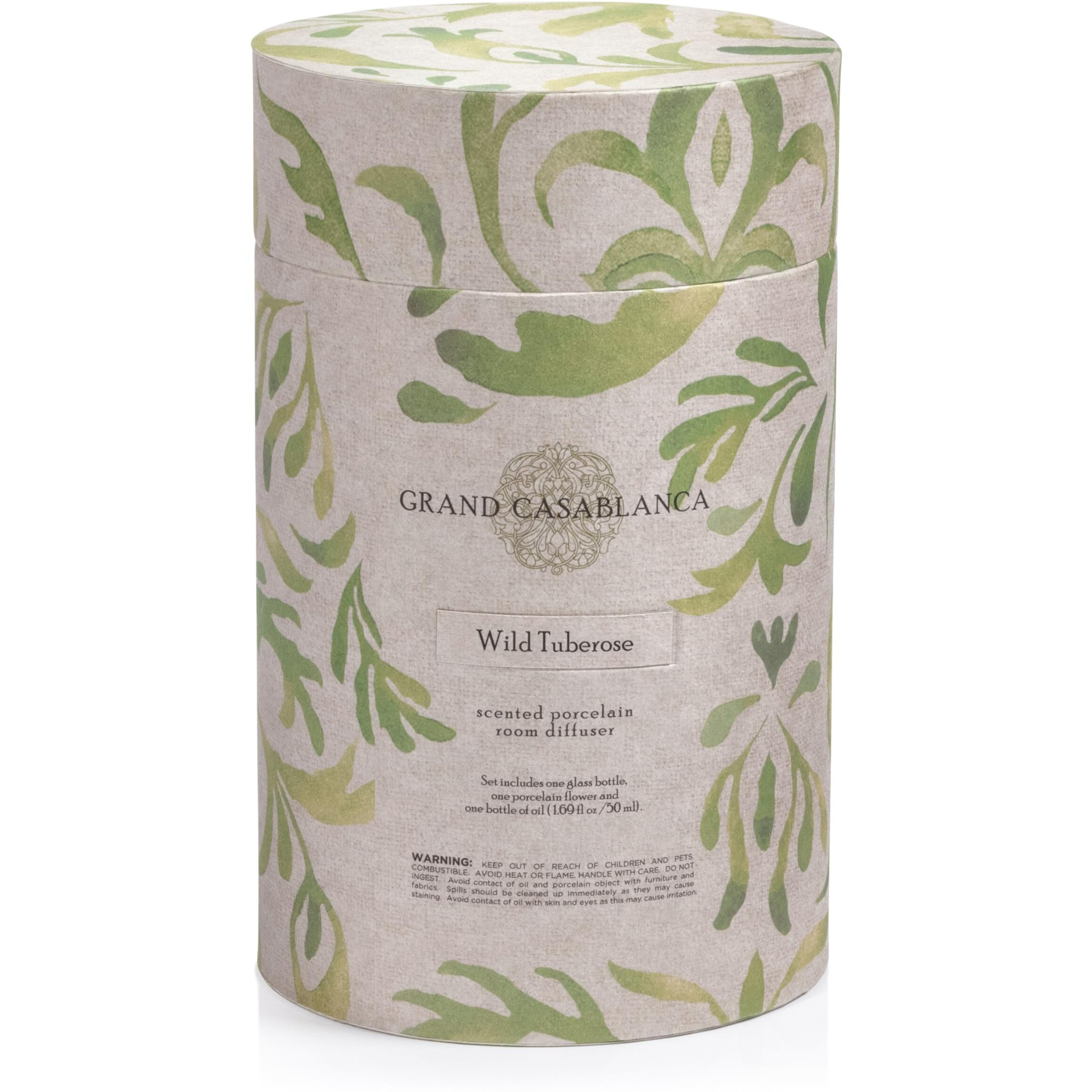 Zodax Grand Casablanca Reed Diffuser - Home Fragrance Oil Diffuser Ideal For Living Room, Bathroom, Office - Porcelain Flower Design - Gift Box Packaging Included - Wild Tuberose - 1.69 Oz.