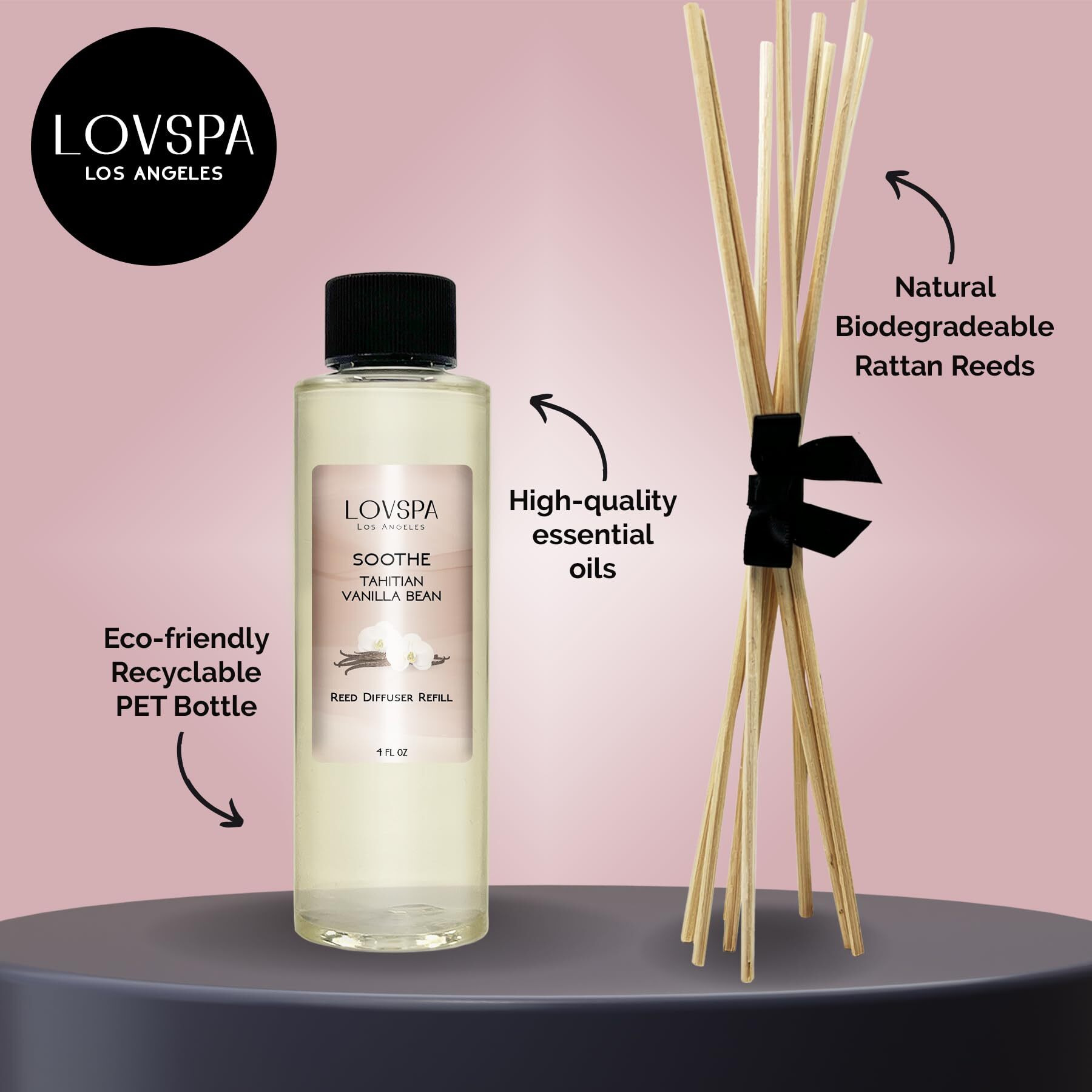 Lovspa Soothe Tahitian Vanilla Bean Reed Diffuser Refill Oil With Replacement Reed Sticks | Vanilla Absolute, Amber And Tonka Bean Essential Oils, 4 Oz - Made In The Usa