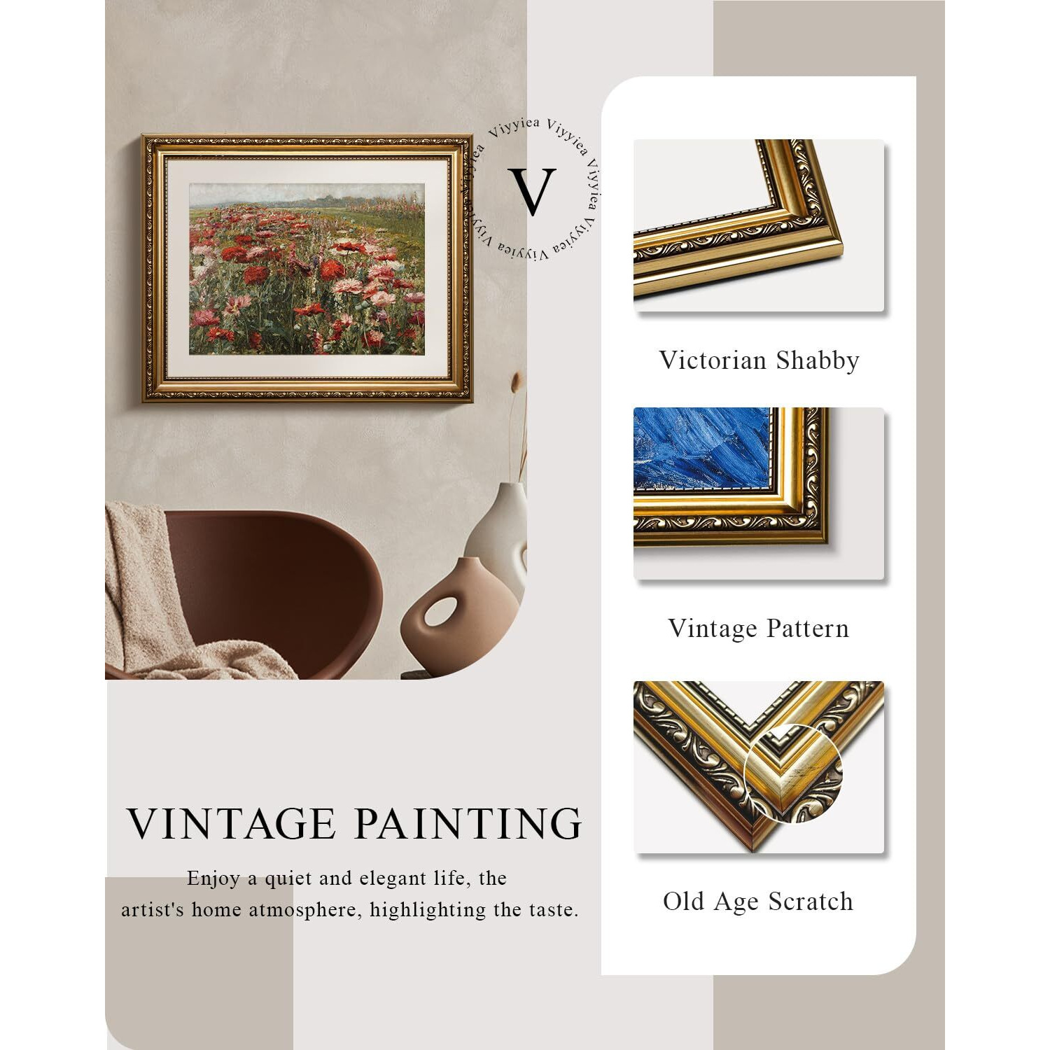 Viyyiea Gold Framed Wall Art Canvas Print Home Decor Red Poppies Oil Paintings Classical Floral Wall Pictures For Bedroom Bathroom Living Room Flower Canvas Prints Artwork Vintage Gifts 13X16In