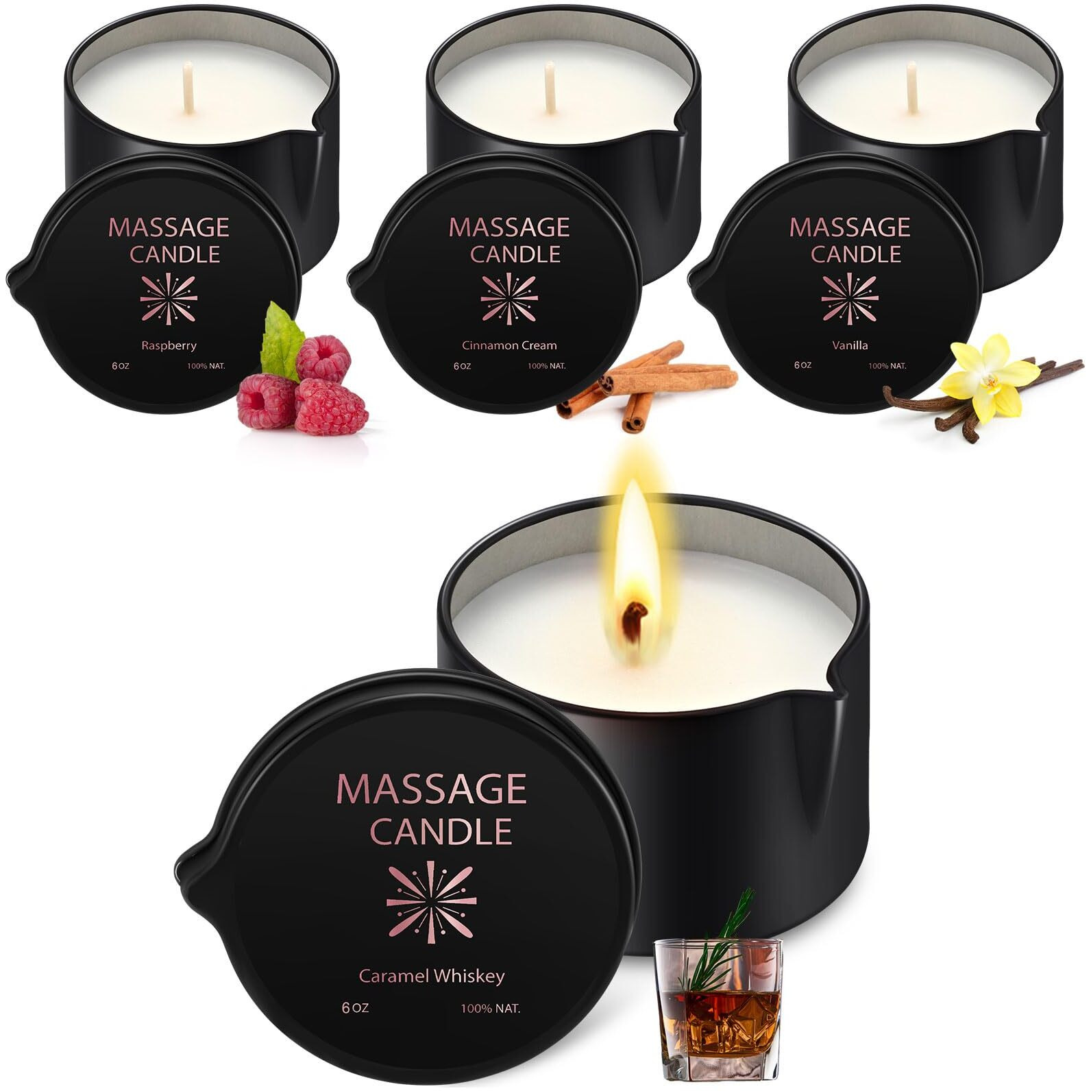 Nuanchu 4 Pcs Massage Oil Candle, 6 Oz Ignite Low Temp Scented Body Oil Candles For Massage Therapy Soy Based Home Gift Spa Use 4 Scent