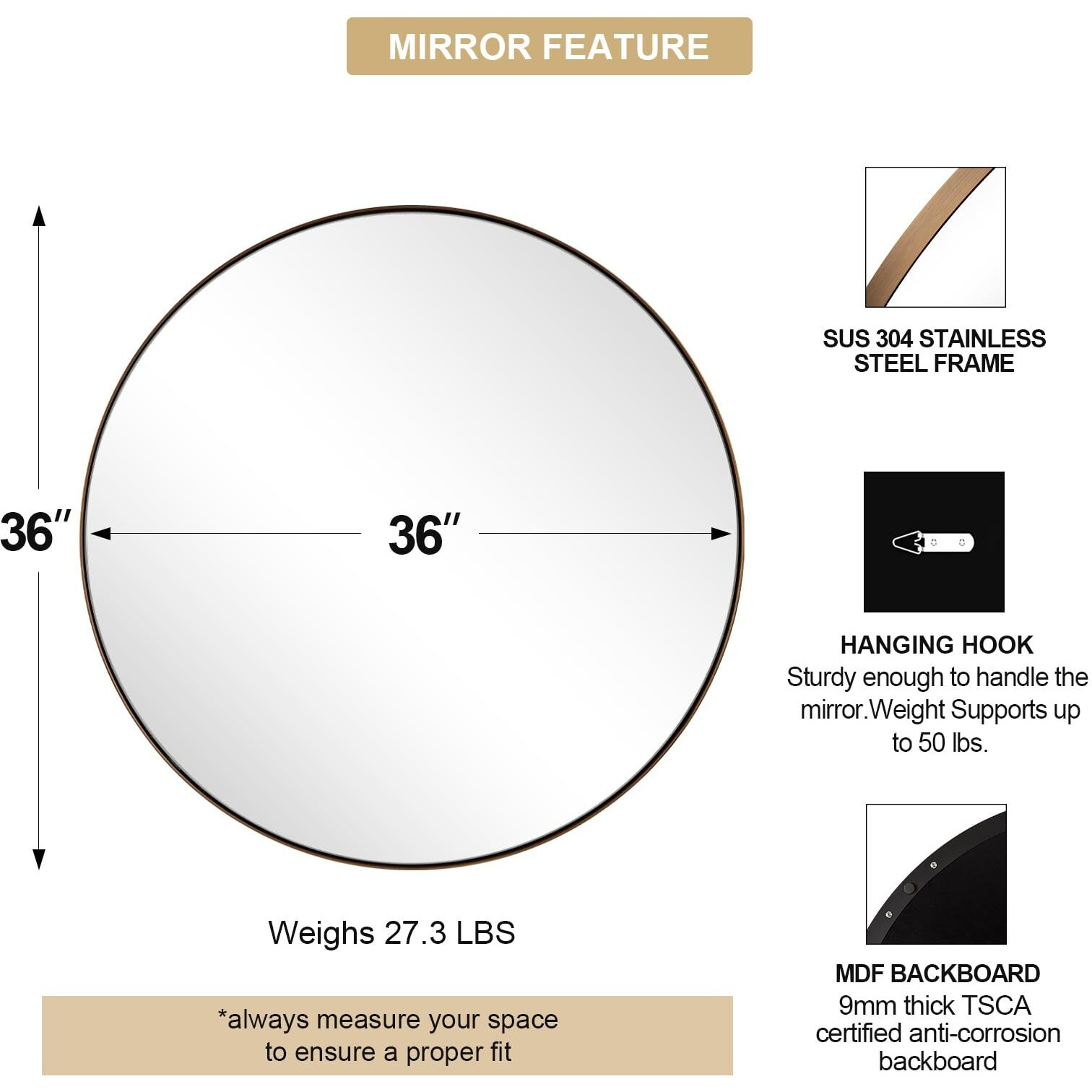 Andy Star Bronze Round Mirror 36 Inch, Oil Rubbed Bronze Round Mirror, Bronze Circle Mirror In Metal Frame, Big Round Bathroom Mirror, Anti-Rust Large Bronze Vanity Mirror, Hd Reflection, Wall-Mounted