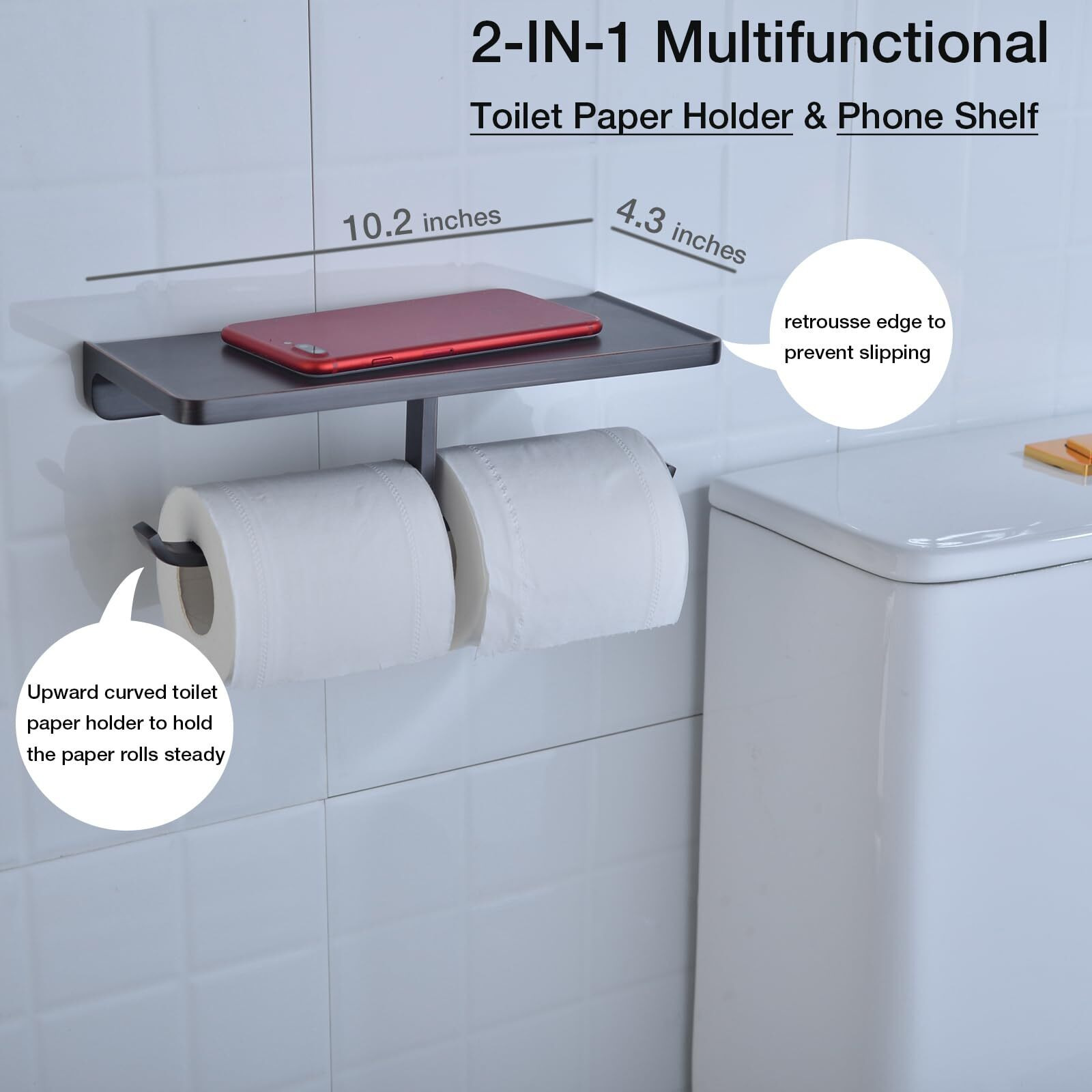 Trustmi Toilet Paper Holder With Phone Shelf Orb Bathroom Dual Roll Tissue Dispenser Solid Metal Wall Mounted Storage, Oil Rubbed Bronze