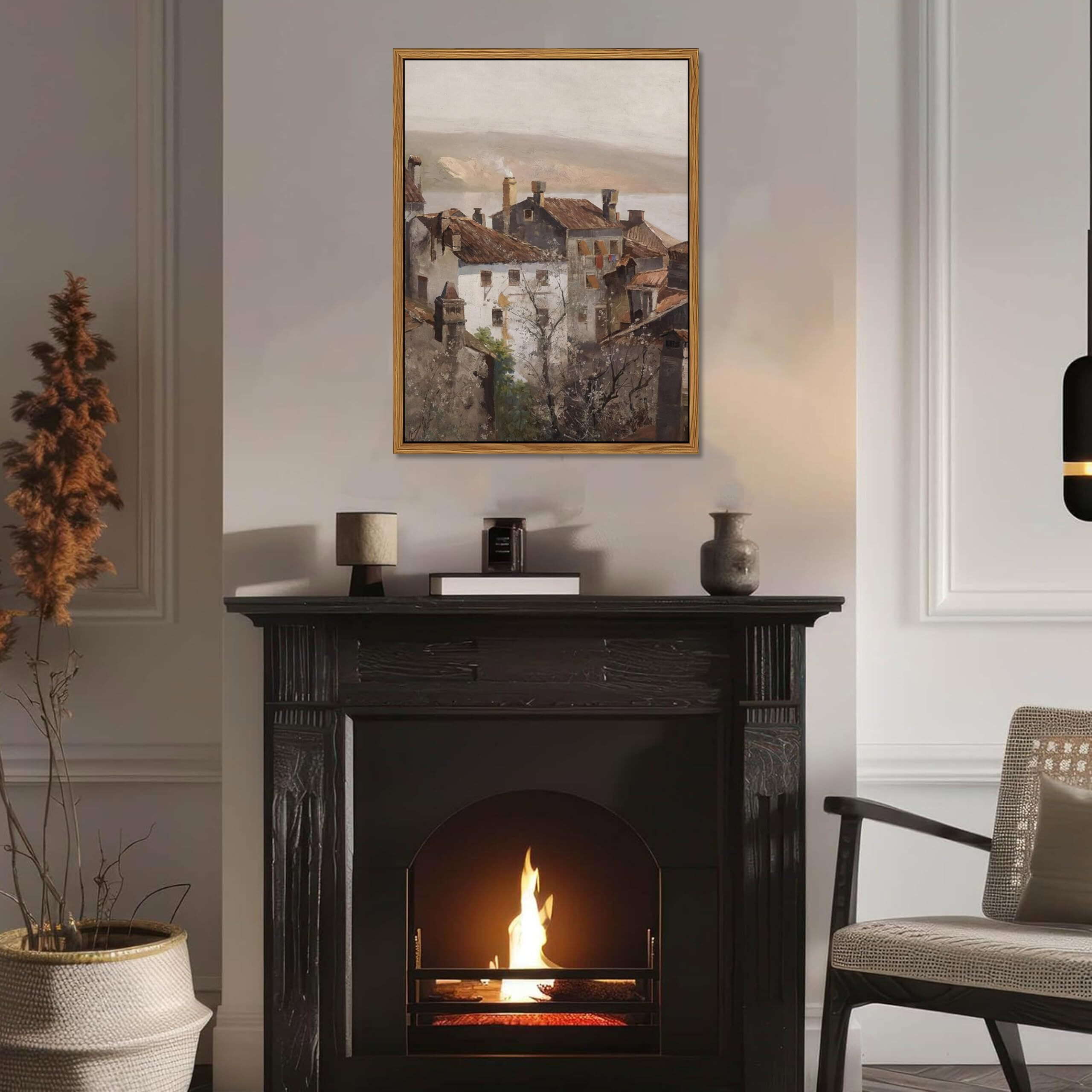 Floating Framed Vintage Canvas Wall Art, European Country Towns Wall Decor Oil Paintings Artwork, Rustic Farmhouse Posters Prints Pictures For Living Room Hallway Bedroom 12X16 Inch
