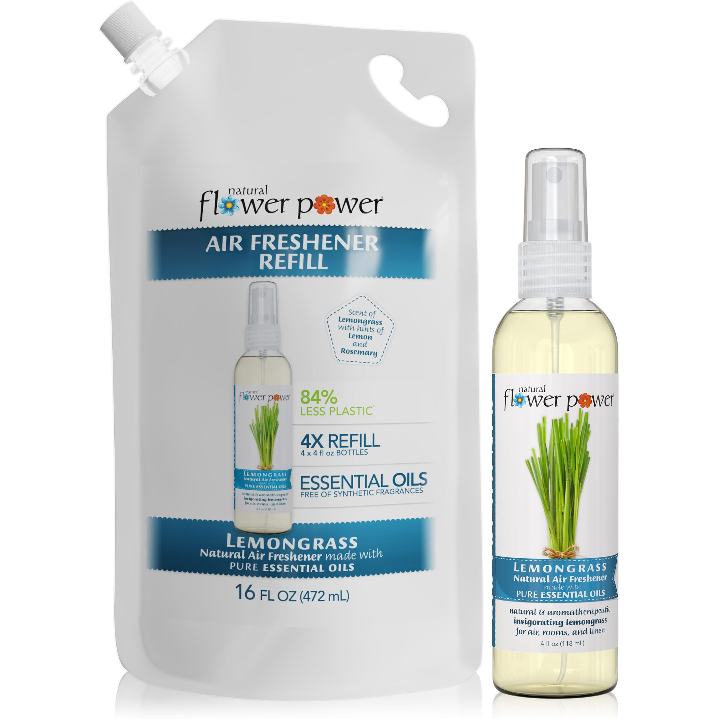 Natural Flower Power Air Freshener Spray Refills - Odor Eliminator W/Essential Oils - Home, Car & Fabric - Cruelty Free & Vegan - Lemongrass Spray 4 Fl Oz + Refill 16 Fl Oz Combo