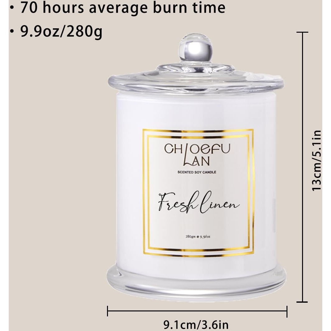 Chloefu Lan White Linen Candles, Luxury Scented Soy Jar Bathroom Candle, Highly Fragranced, Odor Eliminating Candles For Home, Air Freshing Soy Candle, White Glass Jar, Essential Oils, 75 Hours 10 Oz