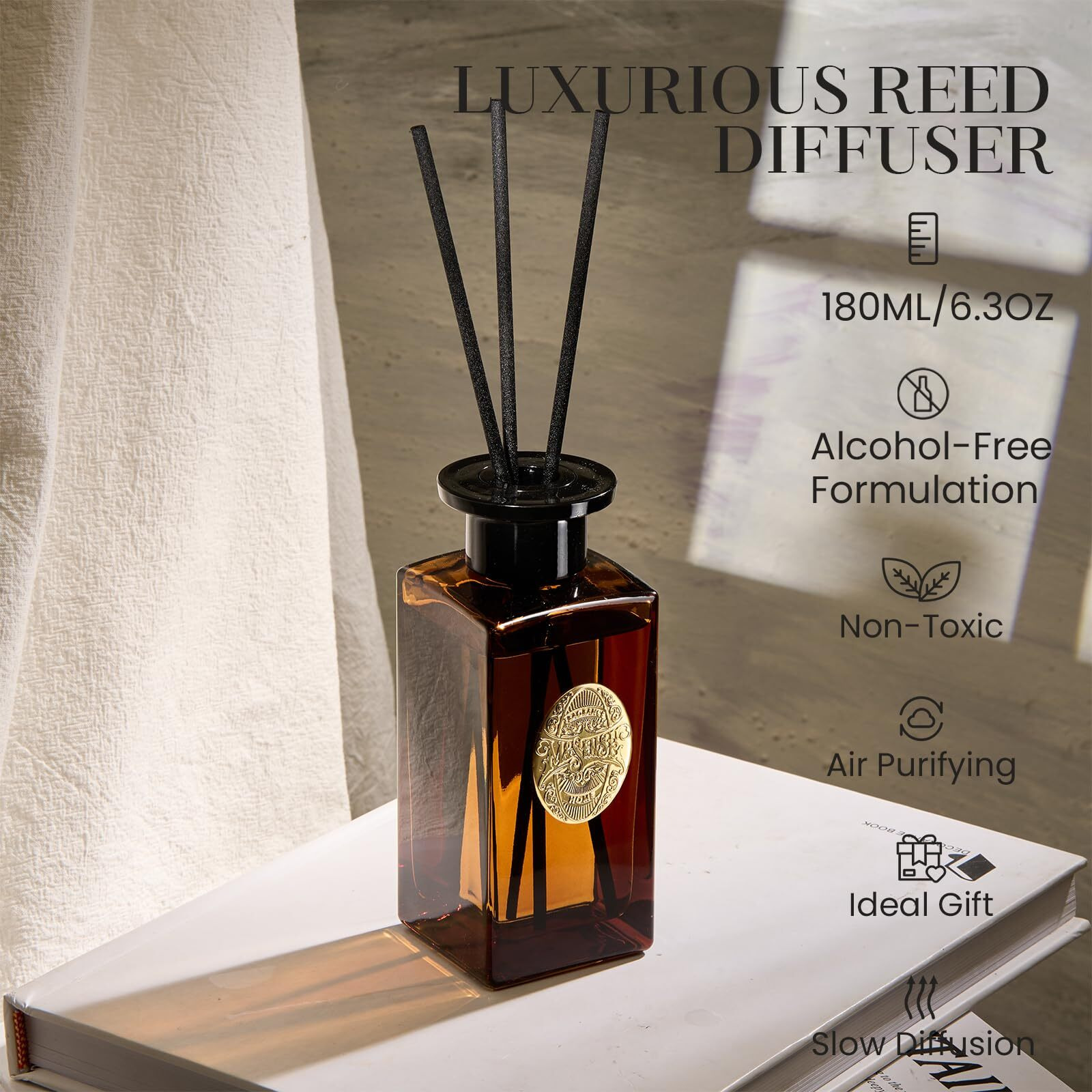 M&Sense 6.3 Oz Large Reed Diffuser Set | Under The Fig Scent Home Oil Diffuser With Sticks | Hotel Collection Non-Toxic Essential Oil |For Bedroom Bathroom Living Room