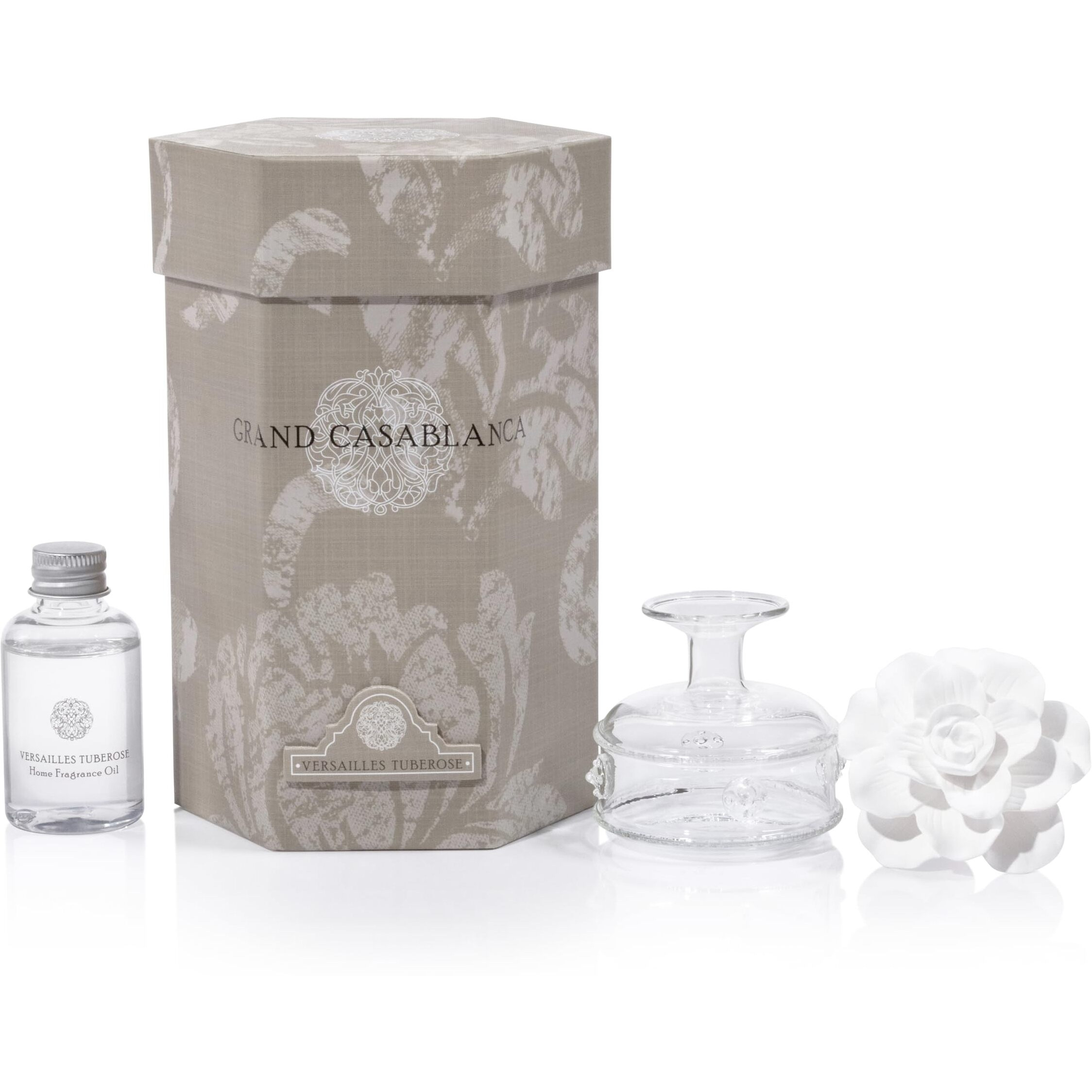 Zodax Grand Casablanca Reed Diffuser - Home Fragrance Oil Diffuser Ideal For Living Room, Bathroom, Office - Porcelain Flower Design - Gift Box Packaging Included - Versailles Tuberose - 1.69 Oz.