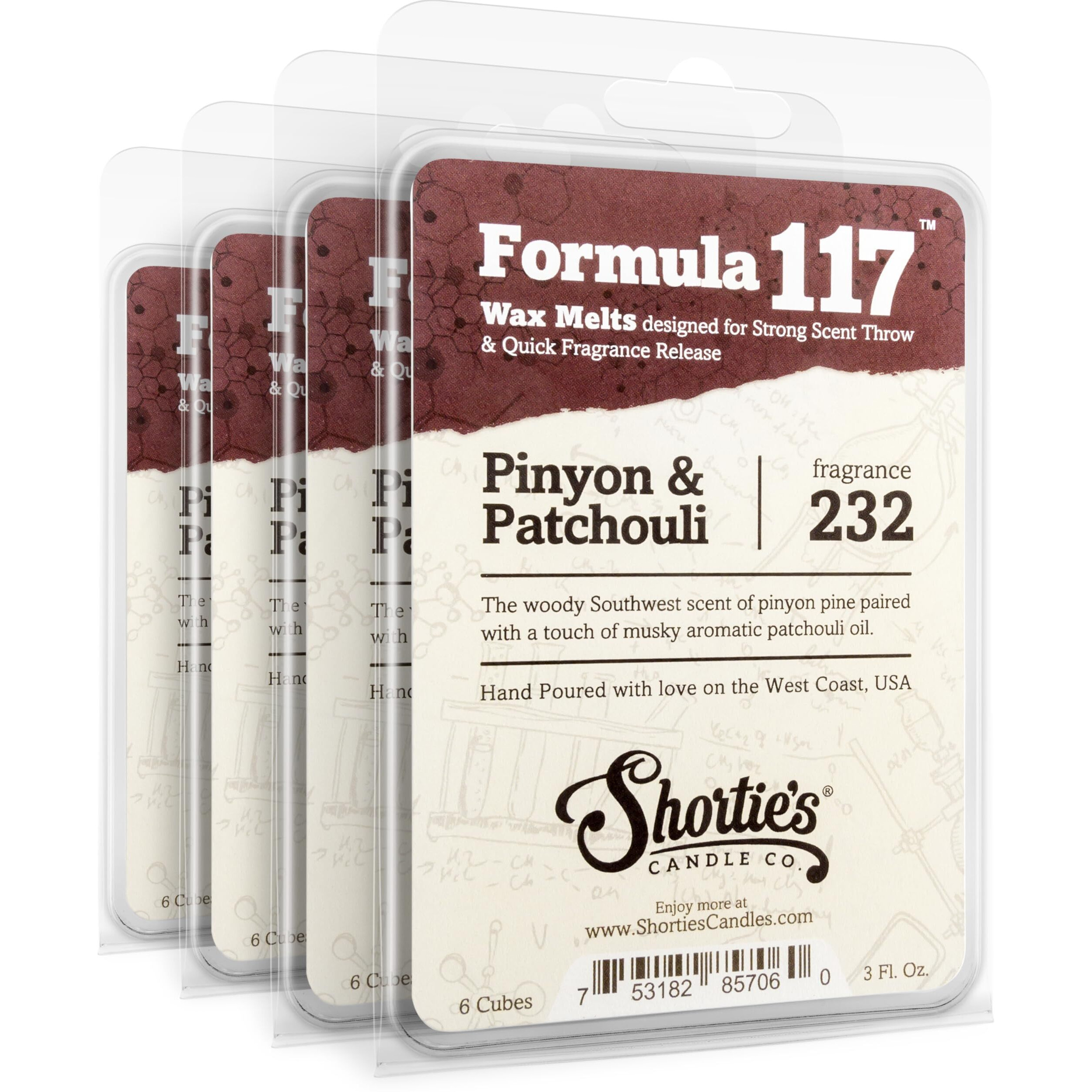 Shortie's Candle Company Pinyon & Patchouli Wax Melts Bulk Pack - Formula 117-4 Highly Scented 3 Oz. Bars (12 Oz. Total) - Made With Natural Oils - Incense & Earth Air Freshener Cubes Collection