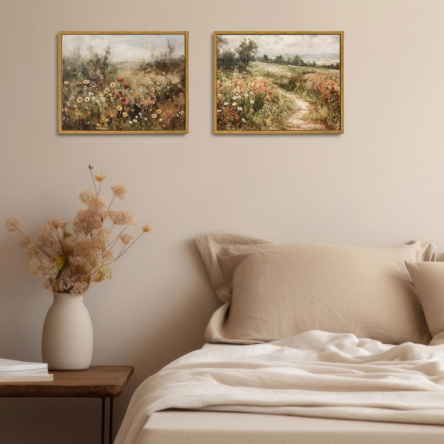 Oiqartoiq Vintage Wildflowers Landscape Wall Art Framed Floral Natural Scenery Oil Painting Canvas Prints Country Farmhouse Fall Decor Pictures Kitchen Bedroom Living Room Bathroom