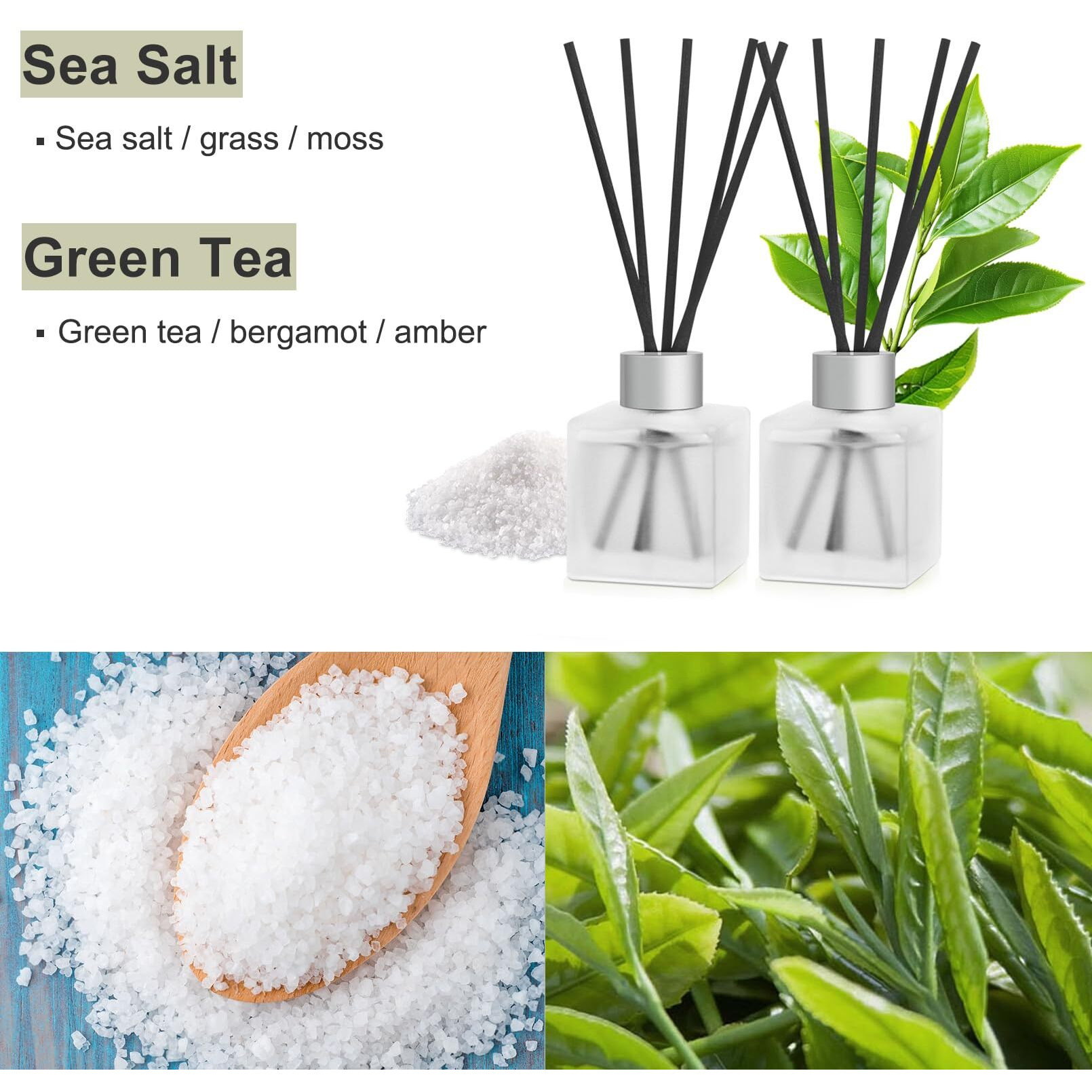 Aeeteek Reed Diffuser, Sea Salt & Green Tea Scented Oils, 100Ml Air Freshener Essential Oil Set With Diffuser Sticks, Long Lasting Home Fragrance For Bedroom Office Shelf Bathroom Decor (2-Pack)