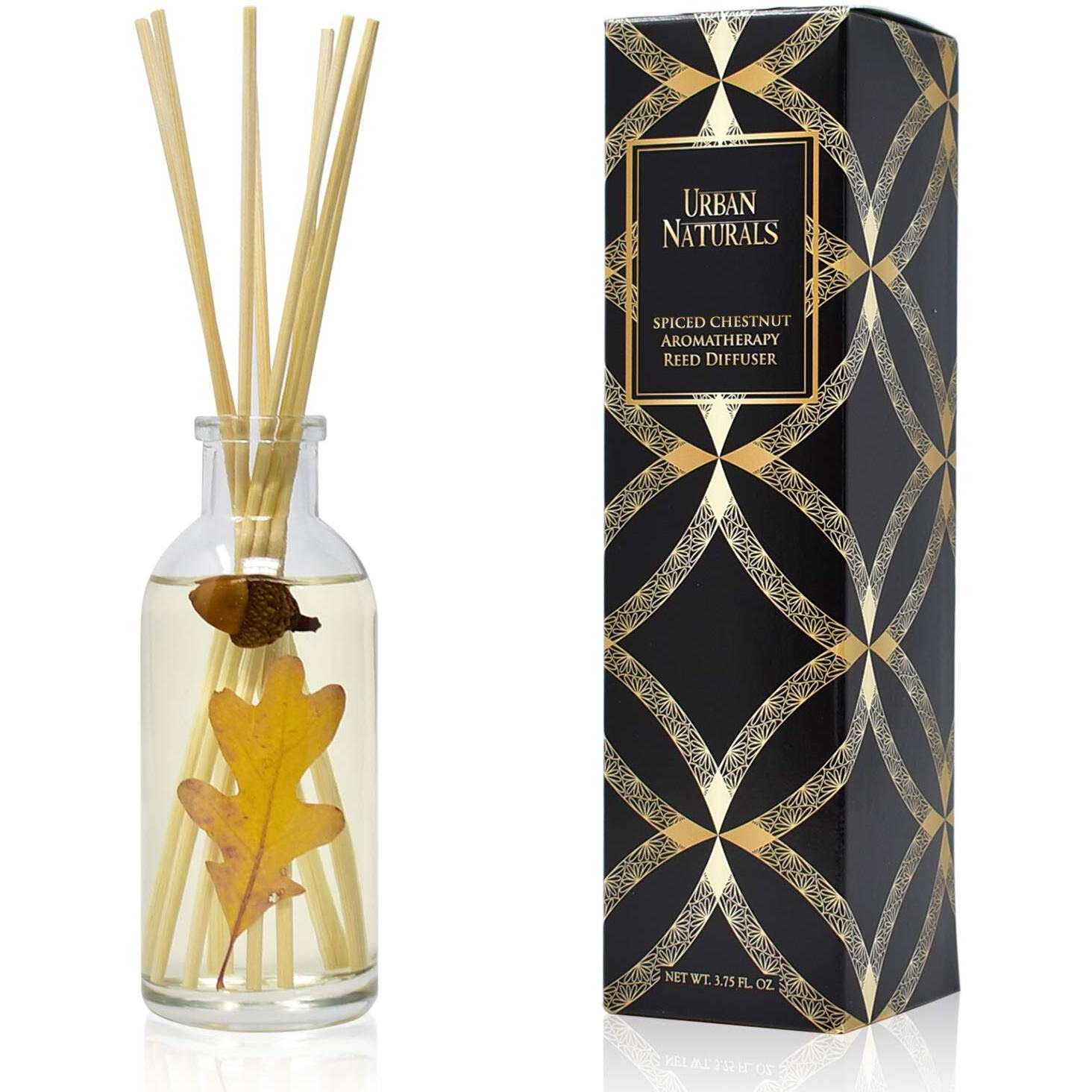 Urban Naturals Spiced Chestnut Reed Diffuser Sticks And Oil Set - Comforting Autumn Scent Of Chestnuts, Cinnamon, Clove And Cedar Wood With Real Acorns And Fall Leaves - 3.75 Ounces - Made In The Usa