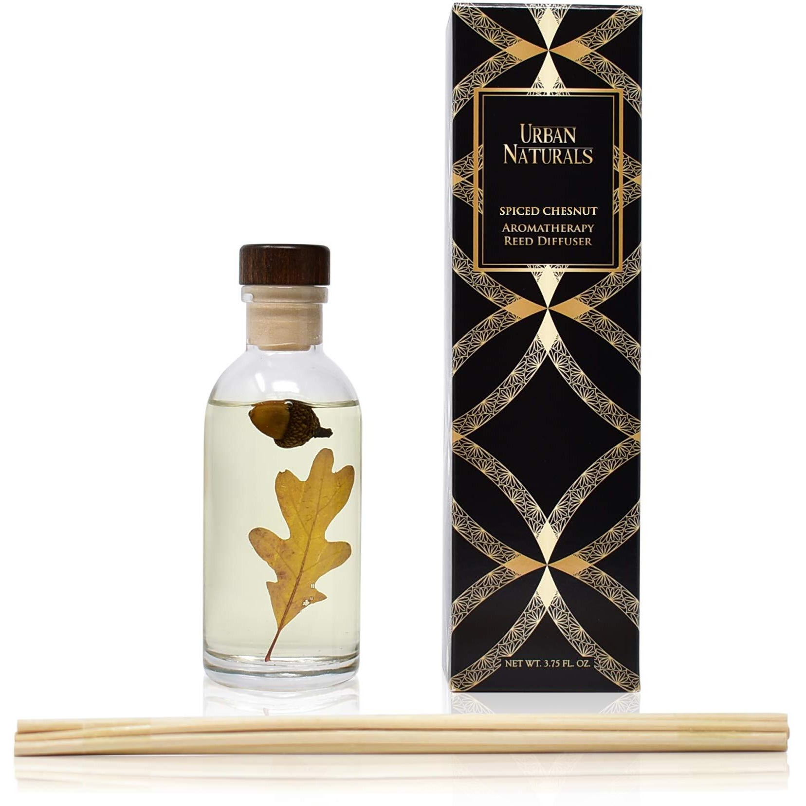 Urban Naturals Spiced Chestnut Reed Diffuser Sticks And Oil Set - Comforting Autumn Scent Of Chestnuts, Cinnamon, Clove And Cedar Wood With Real Acorns And Fall Leaves - 3.75 Ounces - Made In The Usa