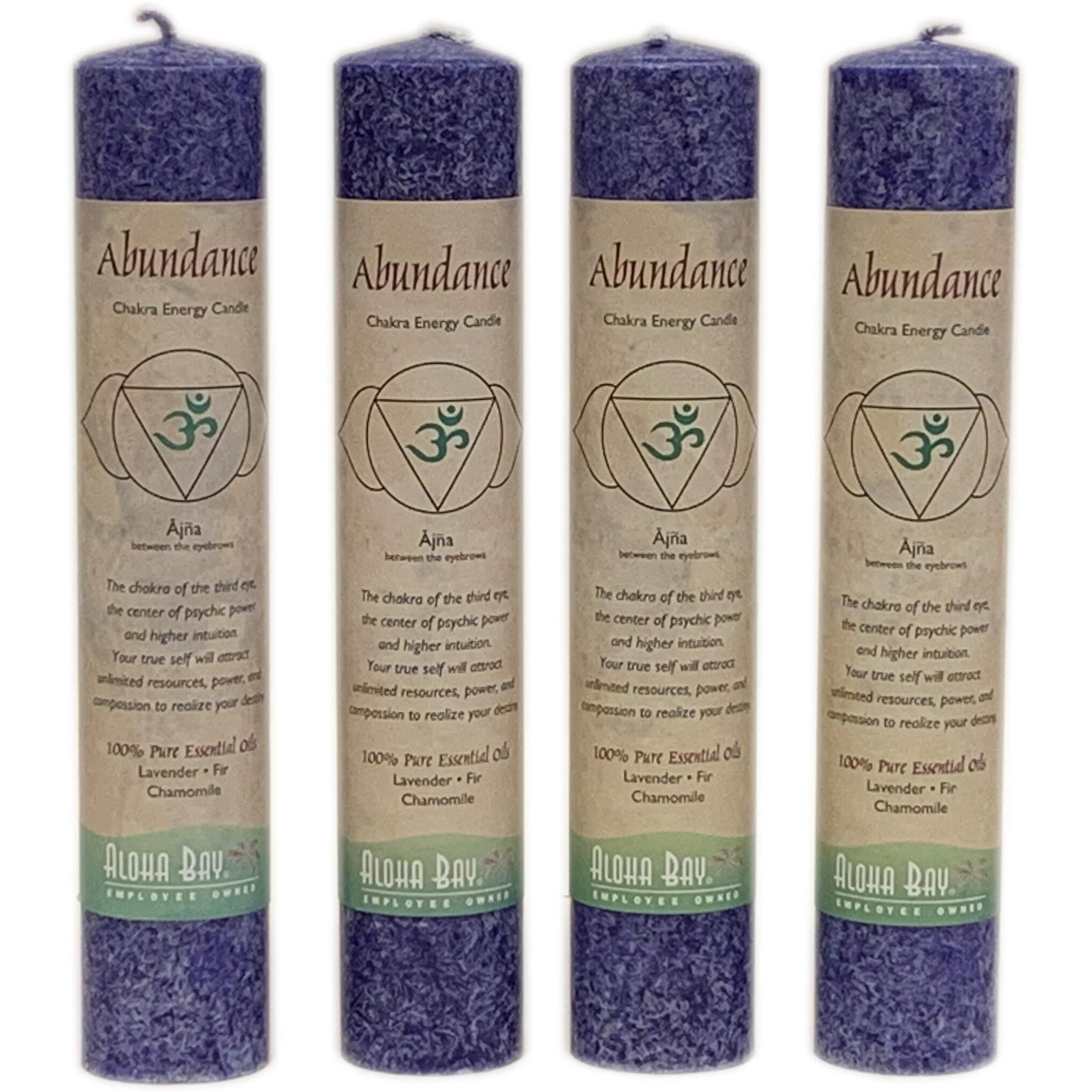 Premium Scented Candle Hand Made Chakra Energy Pillar | 4-Pack | Abundance, Ajna | Yoga, Prayer & Meditation Candle | Long Burn 15 Hours | Essential Oils Of Lavender, Fir & Chamomile | Aloha Bay