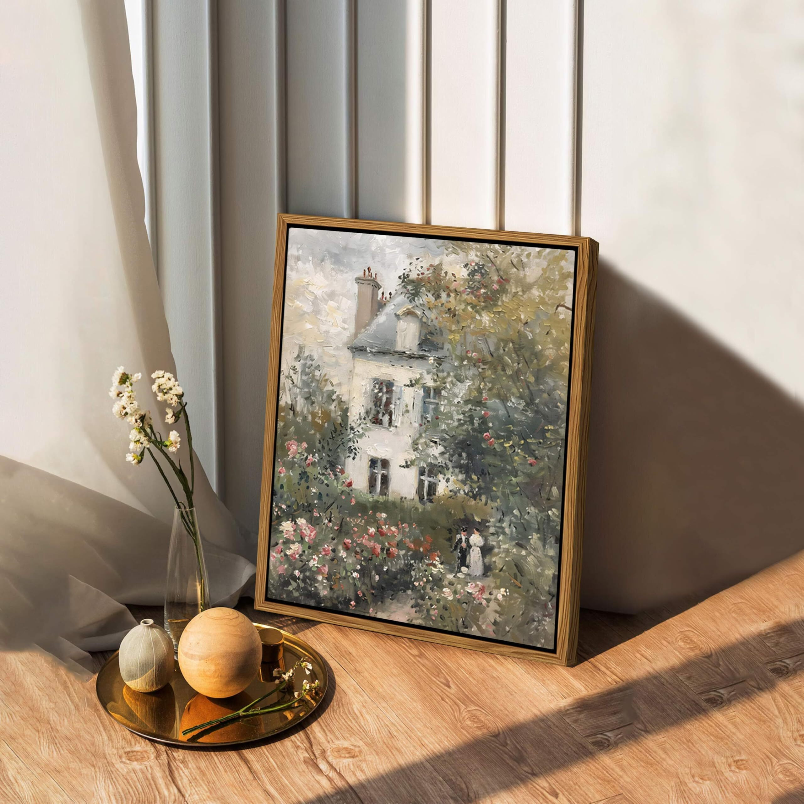 Floating Framed Canvas Vintage Wall Art, Neutral English Cottage Rose Garden Oil Paintings Print, Spring Pictures Wall Decor For Living Room Hallway Bedroom Office Rustic Decor 8X10 Inch