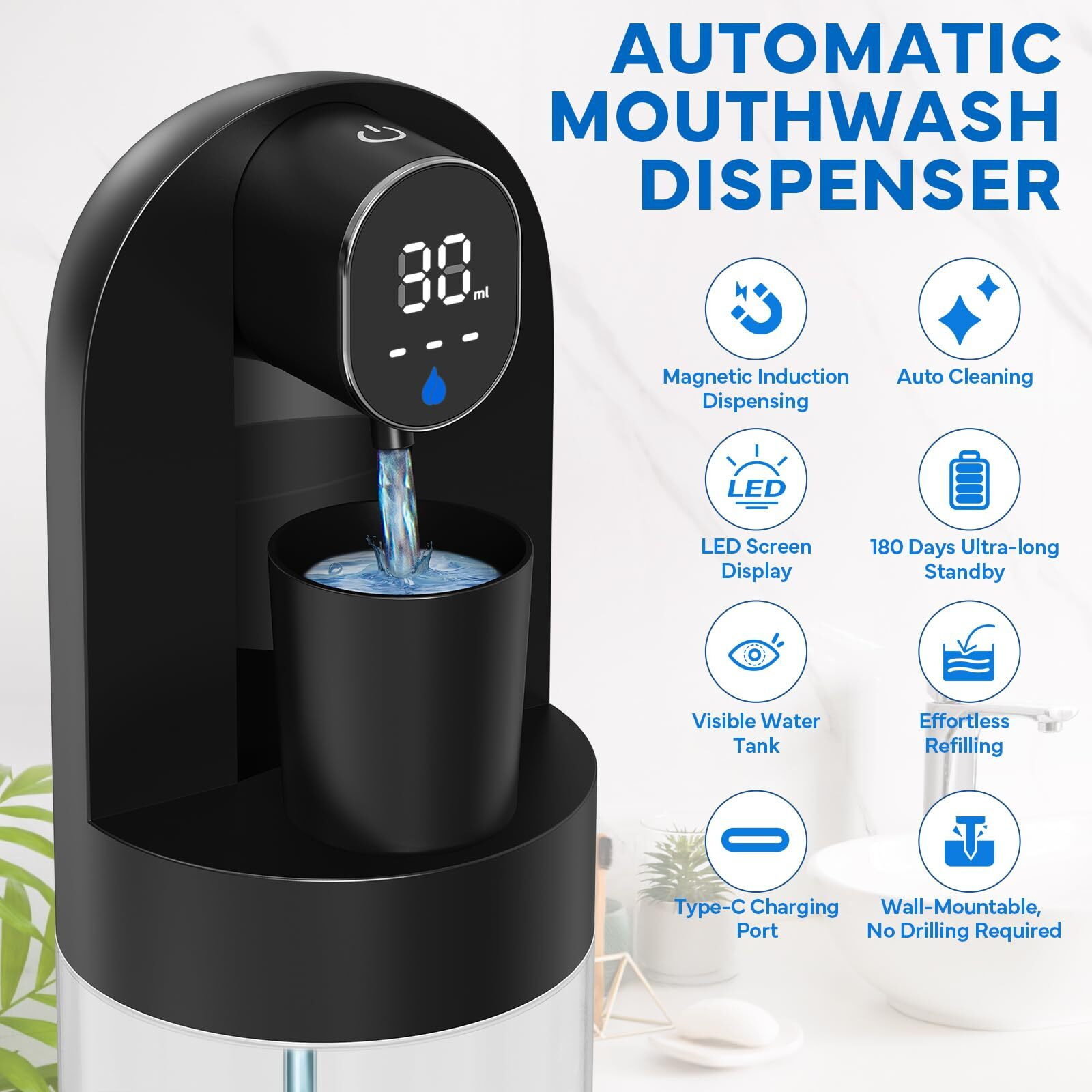 Automatic Mouthwash Dispenser For Bathroom, Bathroom Accessories 21.12 Oz(600 Ml) Touchless Smart Mouth Wash Dispenser With 4 Magnetic Cups &4 Dispensing Levels, Suitable For All Age Groups (Black)