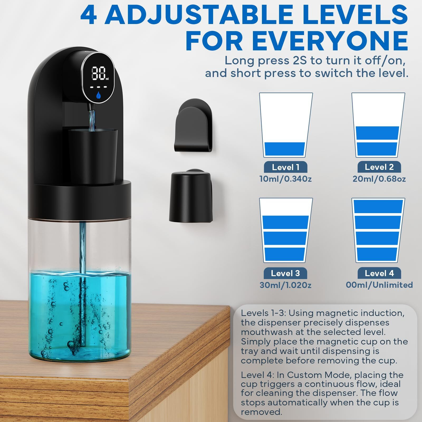 Automatic Mouthwash Dispenser For Bathroom, Bathroom Accessories 21.12 Oz(600 Ml) Touchless Smart Mouth Wash Dispenser With 4 Magnetic Cups &4 Dispensing Levels, Suitable For All Age Groups (Black)