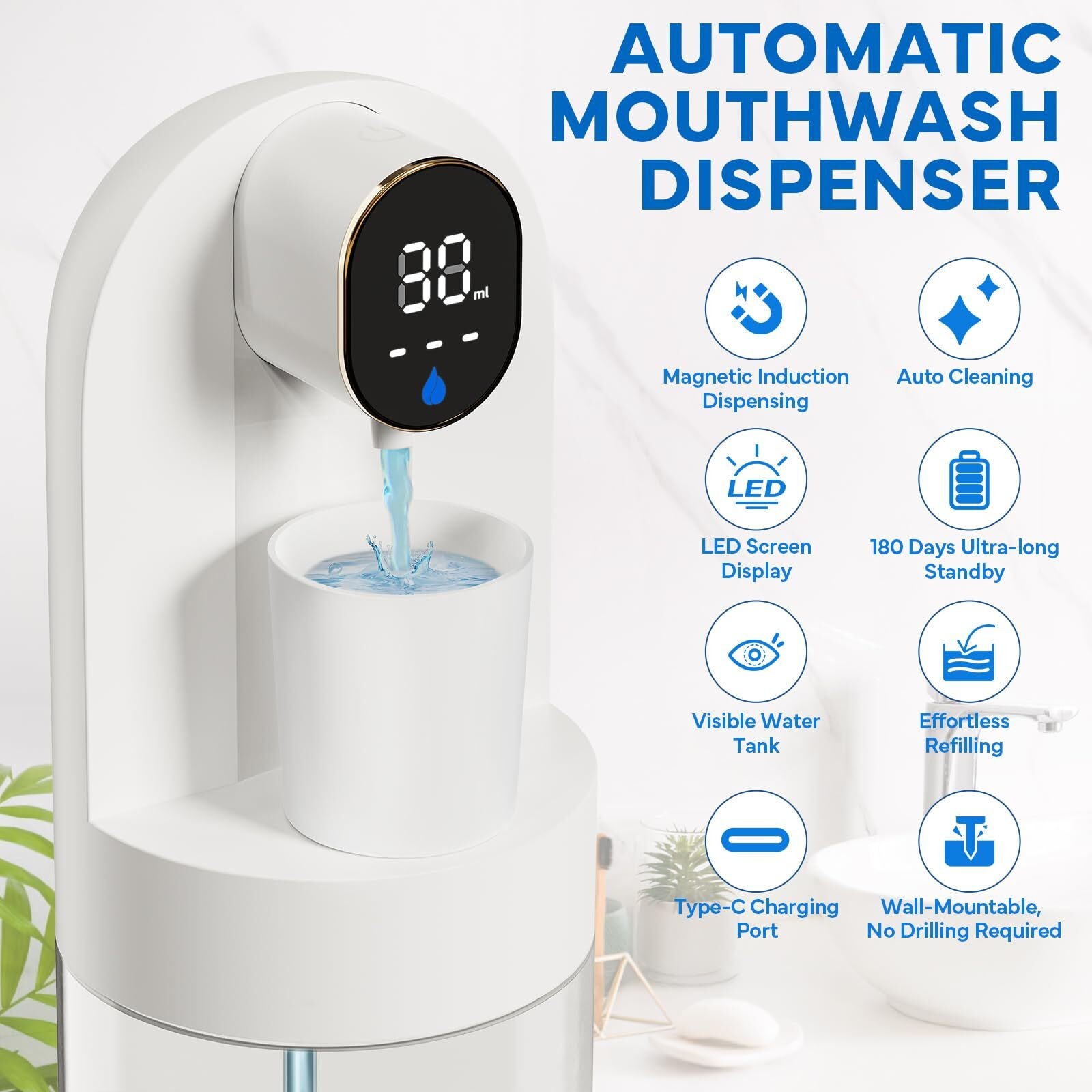 Automatic Mouthwash Dispenser For Bathroom, Bathroom Accessories 21.12 Oz(600 Ml) Touchless Smart Mouth Wash Dispenser With 4 Magnetic Cups &4 Dispensing Levels, Suitable For All Age Groups(White)