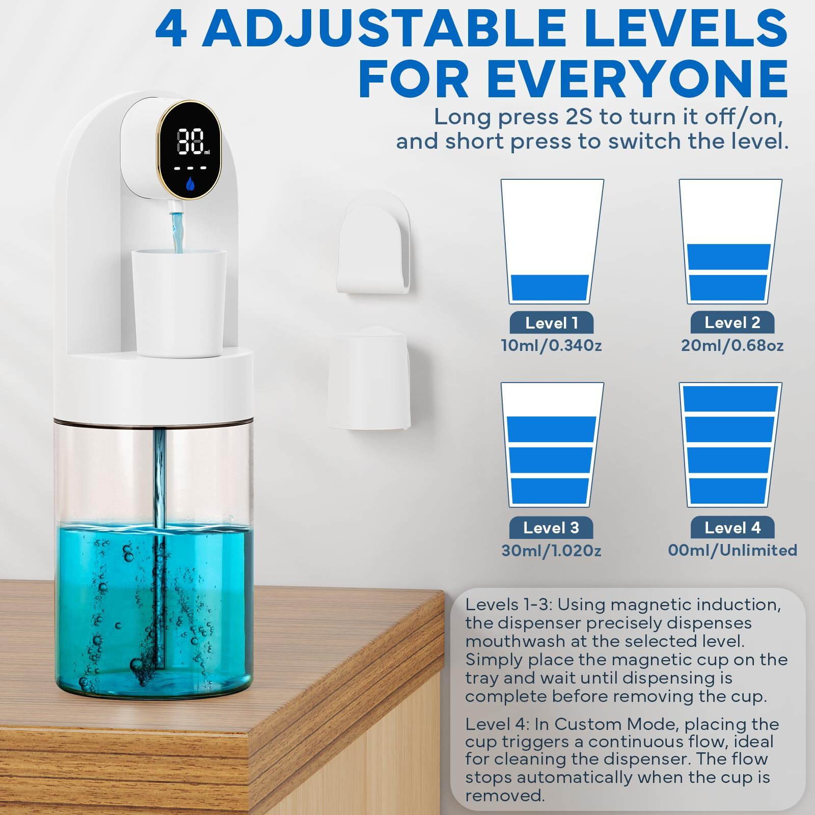 Automatic Mouthwash Dispenser For Bathroom, Bathroom Accessories 21.12 Oz(600 Ml) Touchless Smart Mouth Wash Dispenser With 4 Magnetic Cups &4 Dispensing Levels, Suitable For All Age Groups(White)