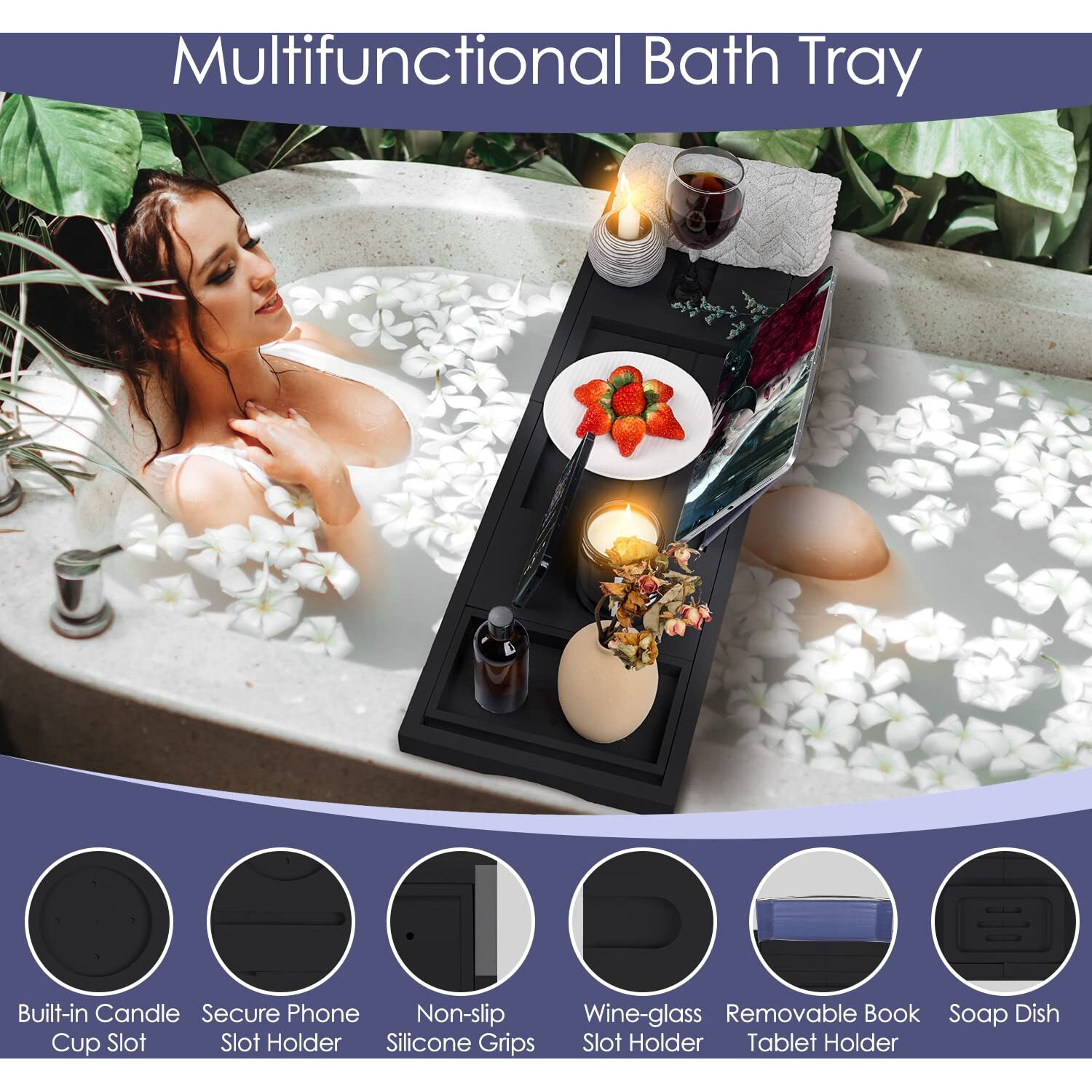 Foldable Bathtub Caddy Tray, Bamboo Bath Tub Tray Table For Tub With Wine Glass Holder Book Phone Tablet Holder With Extending Sides, Adjustable Bathroom Bathtub Free Soap Holder Gift Idea (Black)