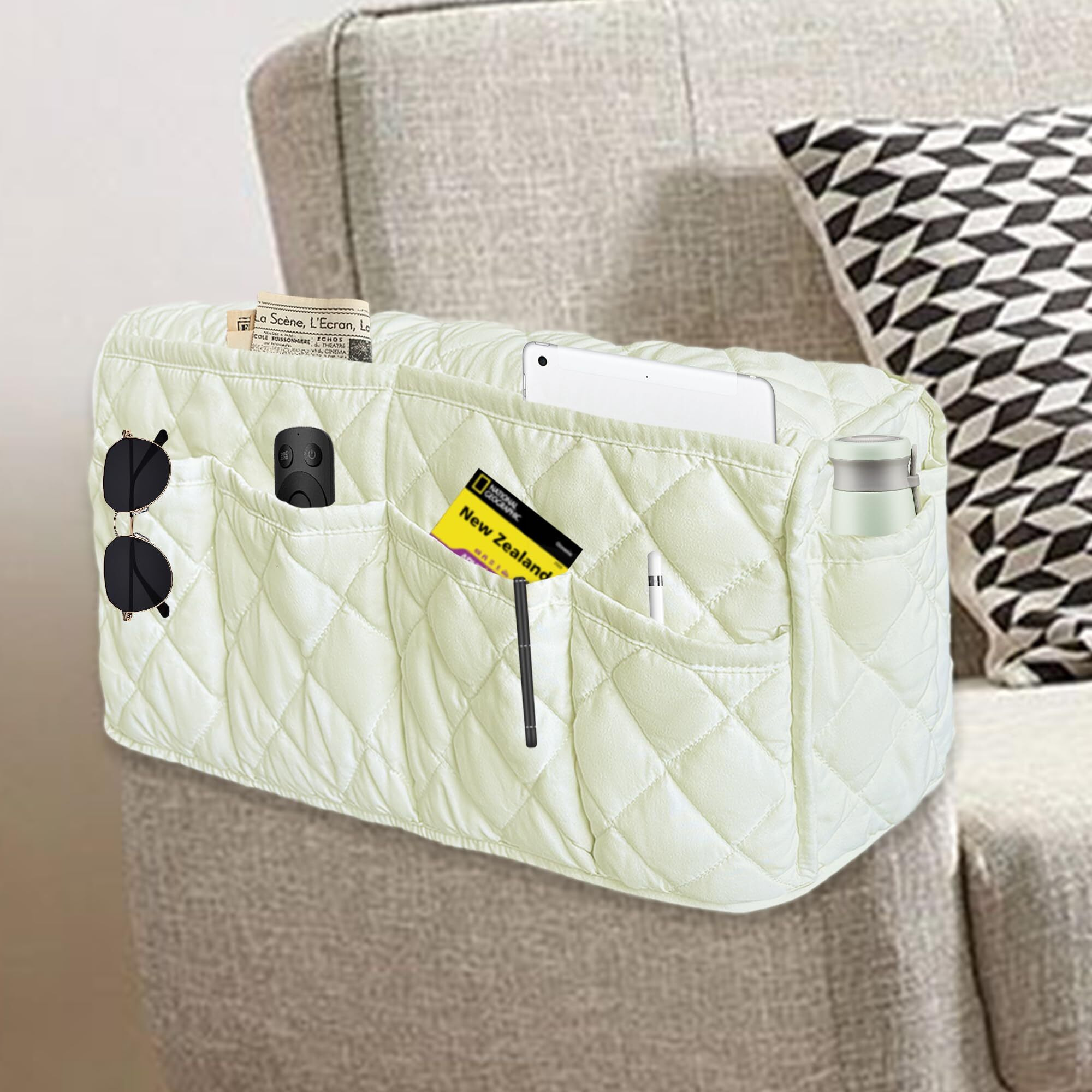 Mehidfy Armchair Caddy, Waterproof Sofa Armrest Organizer, Non Slip Recliner Organizer, Remote Holder For Recline, Recliner Caddy With 14 Pockets Storage For Tv Remote, Phone, Magazine (White)