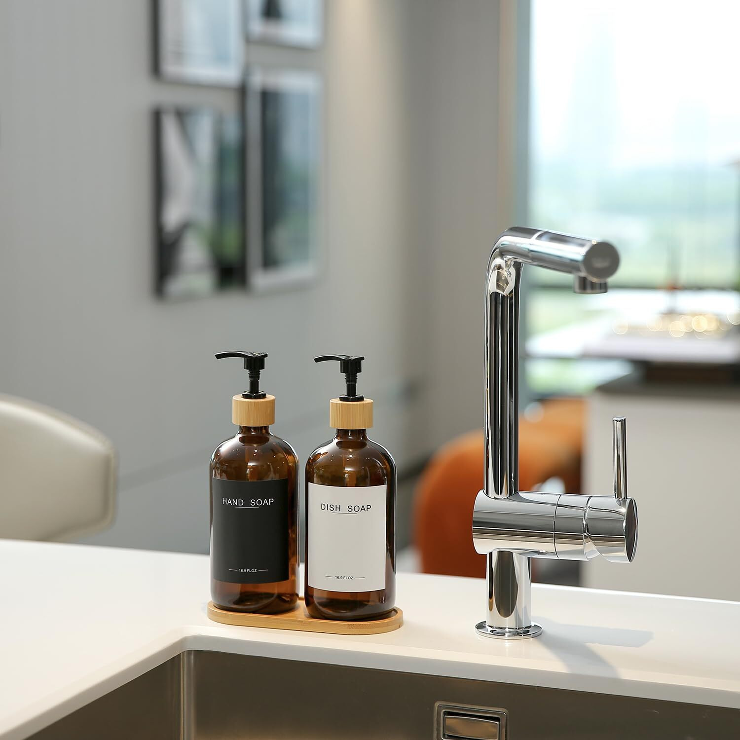 Bonlong Amber Glass Soap Dispenser With Bamboo Pumps&Tray&Labels, Hand Dispenser, Lotion Dispenser, Dish Soap Dispenser For Kitchen Sink. (Amber)