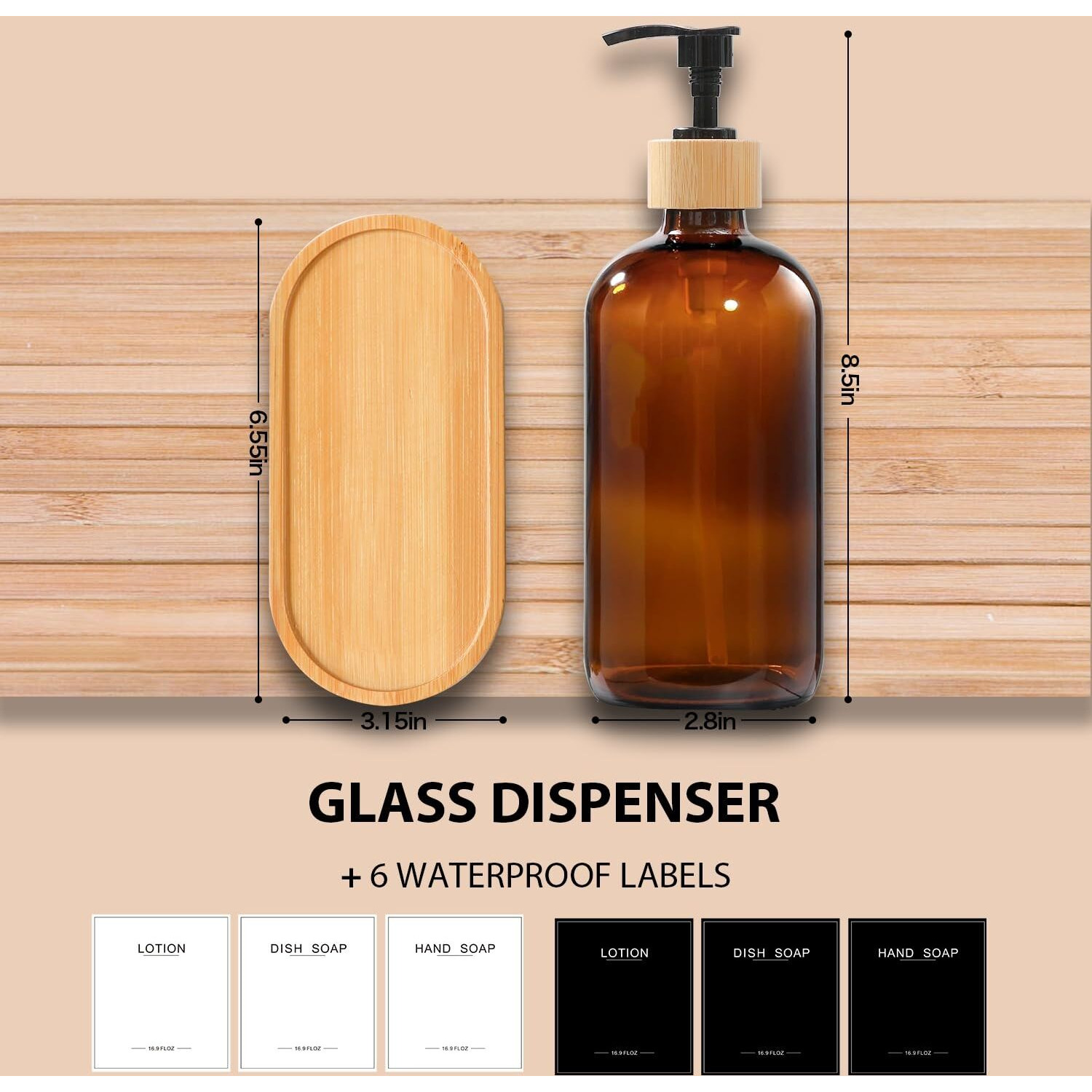 Bonlong Amber Glass Soap Dispenser With Bamboo Pumps&Tray&Labels, Hand Dispenser, Lotion Dispenser, Dish Soap Dispenser For Kitchen Sink. (Amber)