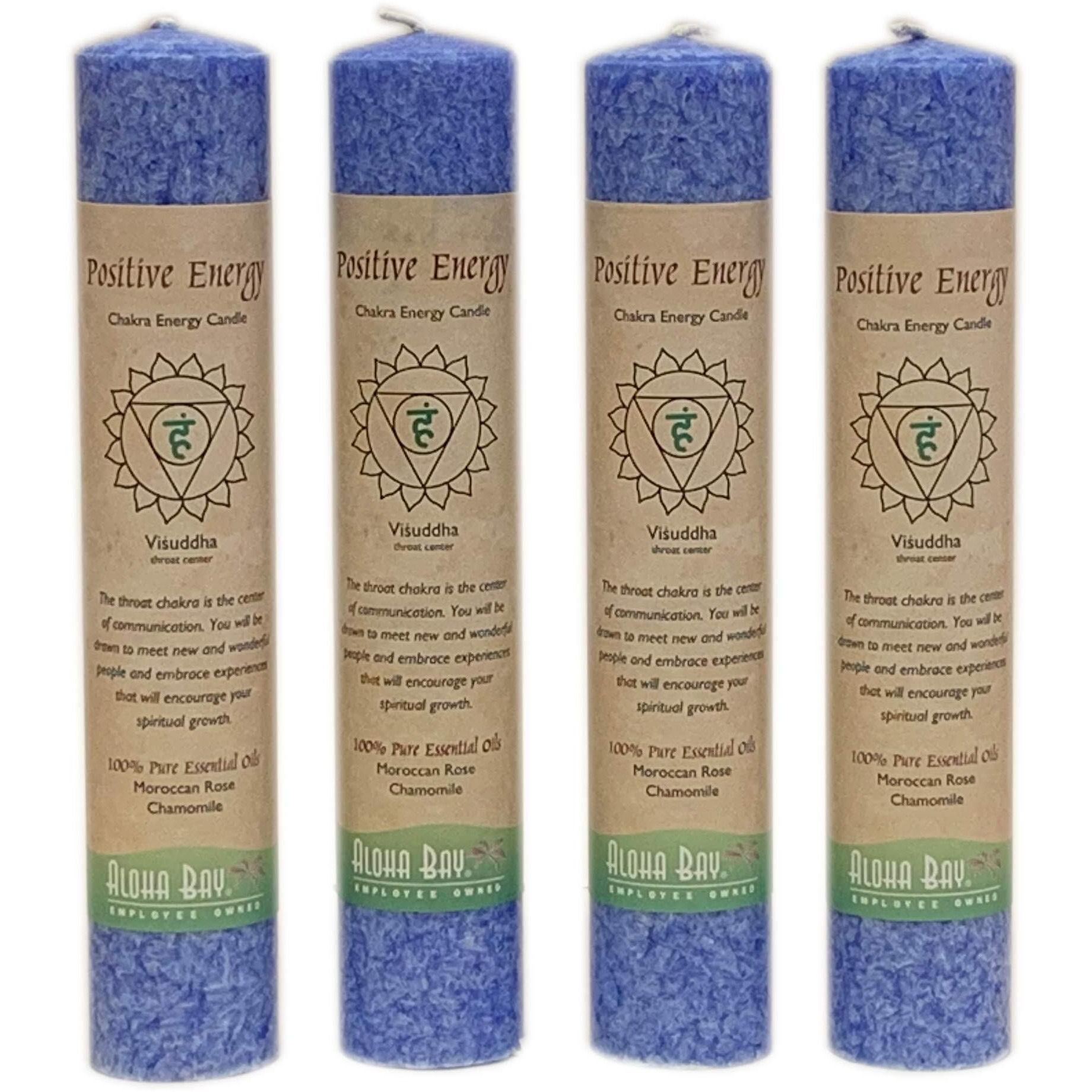 Premium Scented Candle Hand Made Chakra Energy Pillar | 4-Pack | Positive Energy, Visuddha| Yoga, Prayer & Meditation Candle | Long Burn 15 Hours | Essential Oils Moroccan Rose & Chamomile | Aloha Bay