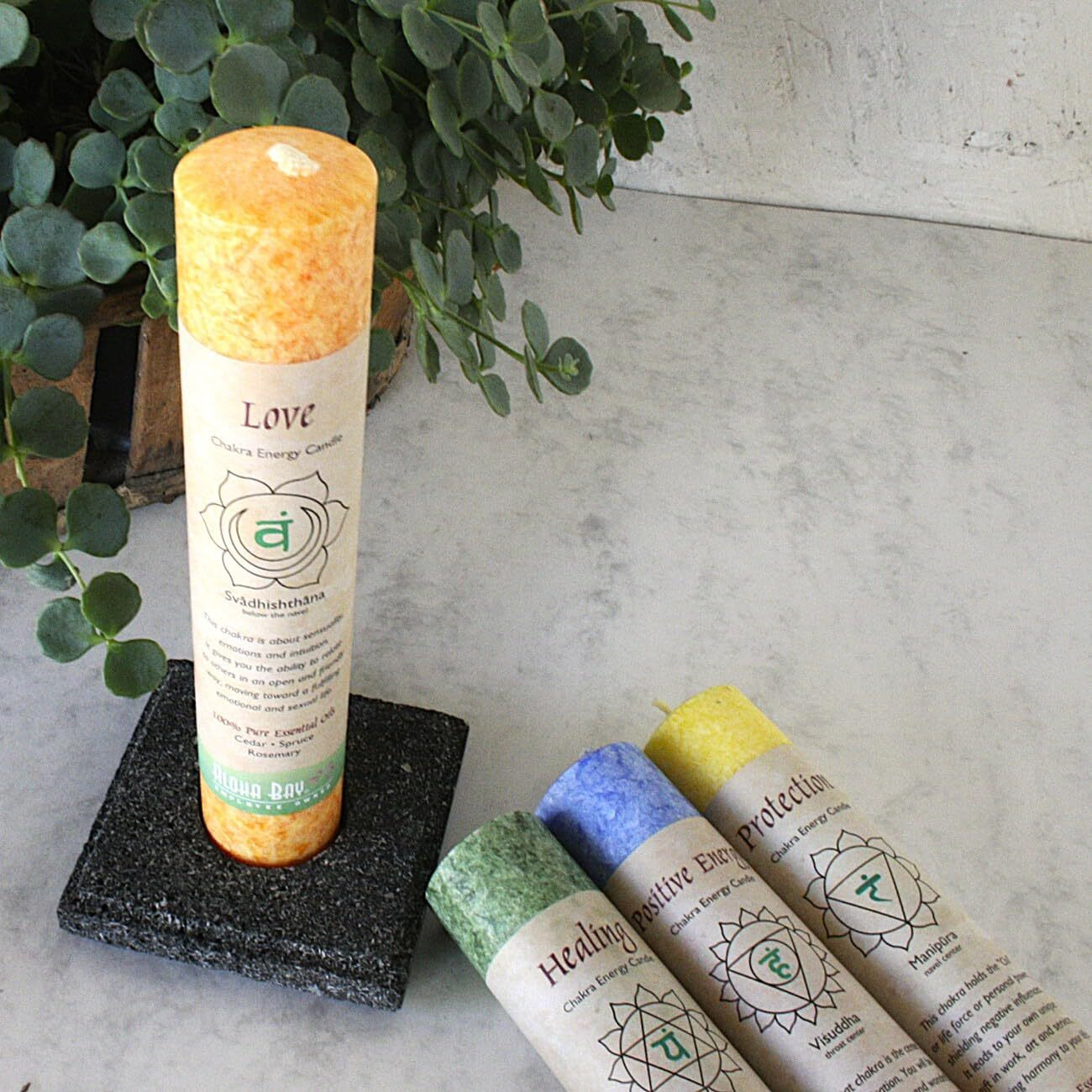 Premium Scented Candle Hand Made Chakra Energy Pillar | 4-Pack | Positive Energy, Visuddha| Yoga, Prayer & Meditation Candle | Long Burn 15 Hours | Essential Oils Moroccan Rose & Chamomile | Aloha Bay