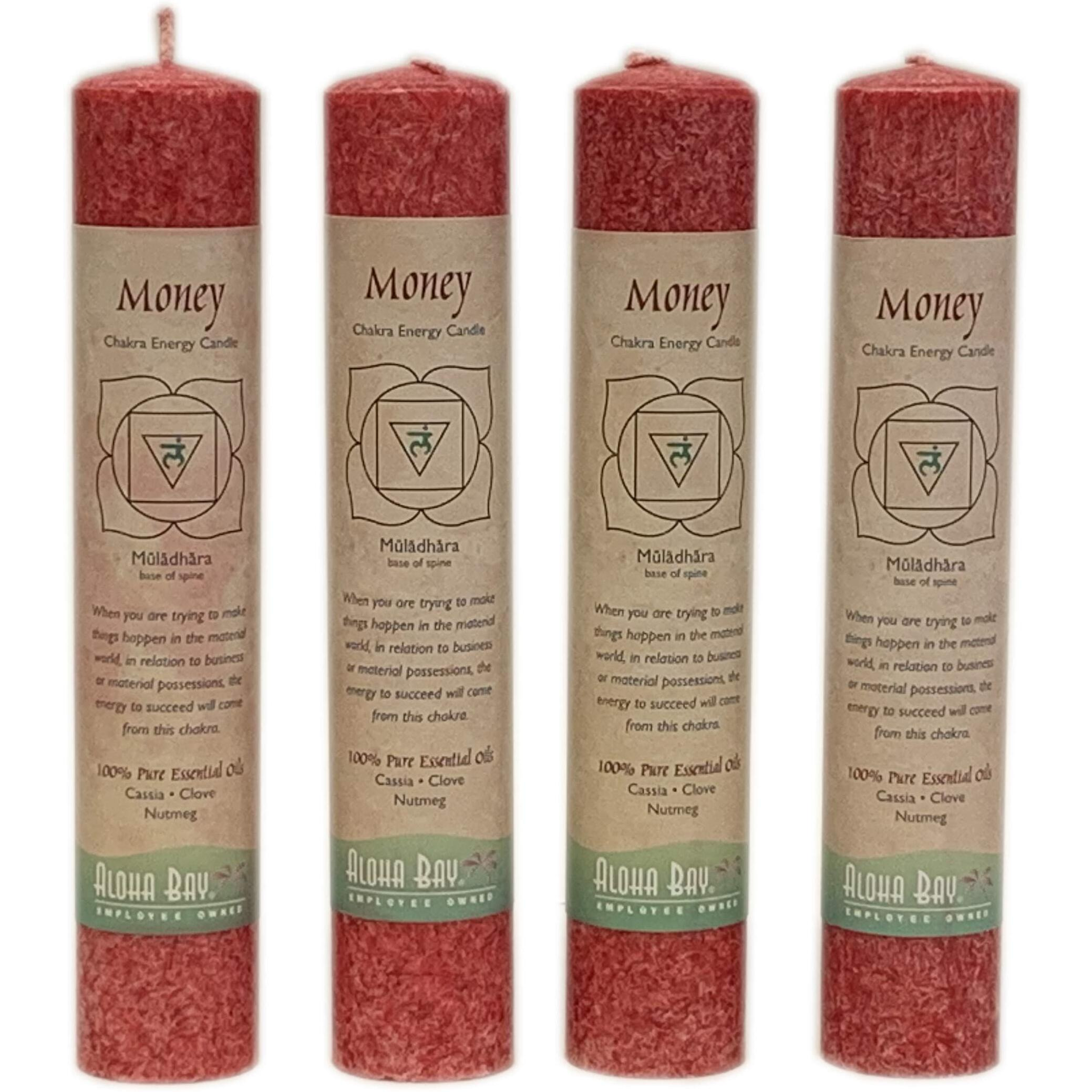Premium Scented Candle Hand Made Chakra Energy Pillar | 4-Pack | Money, Muladhara | Yoga, Prayer & Meditation Candle | Long Burn 15 Hours | Essential Oils Of Cassia, Clove & Nutmeg | Aloha Bay