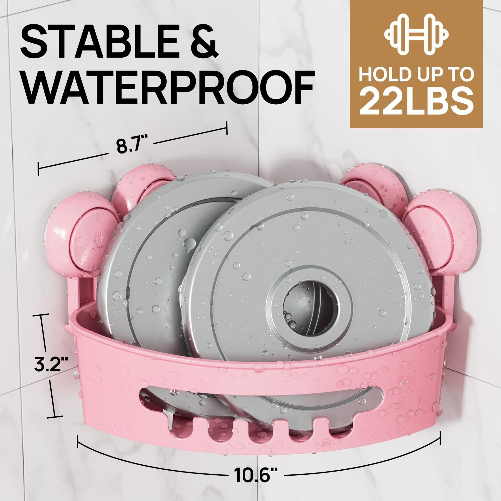 Leverloc Corner Shower Caddy Suction Cup, Shower Shelves Suction Cup, 2 Pack Basket Powerful Bathroom, Waterproof & Oil-Proof Organizer For Kitchen, No-Drilling Removable (Pink)