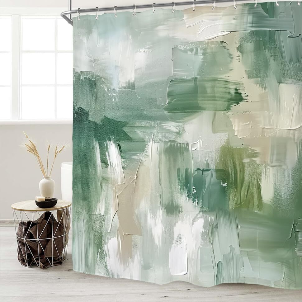 Miyotaa Abstract Sage Green Shower Curtain Set 60Wx71H Inches Brush Stroke Art Neutral Modern Contemporary Oil Painting Waterproof Bathroom Curtain With 12 Hooks