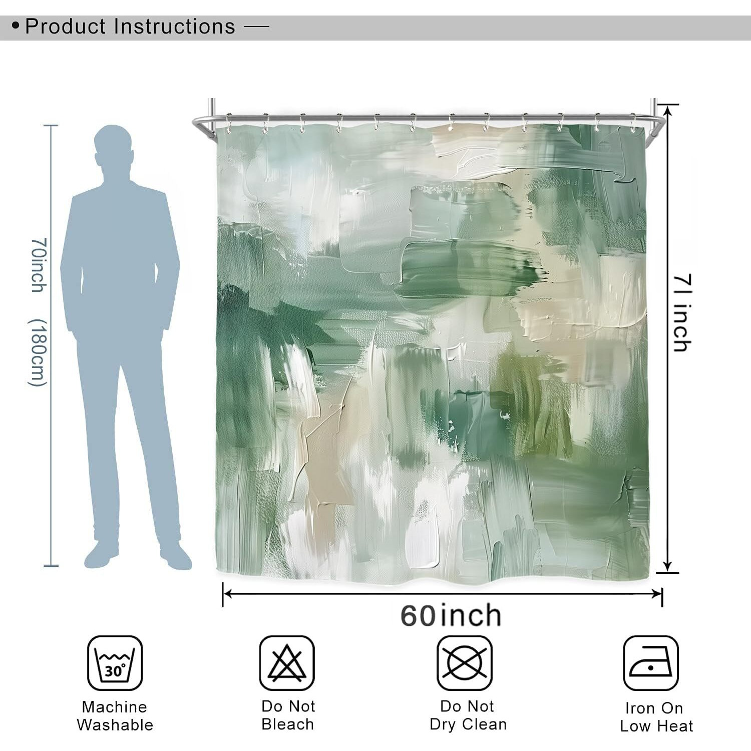 Miyotaa Abstract Sage Green Shower Curtain Set 60Wx71H Inches Brush Stroke Art Neutral Modern Contemporary Oil Painting Waterproof Bathroom Curtain With 12 Hooks
