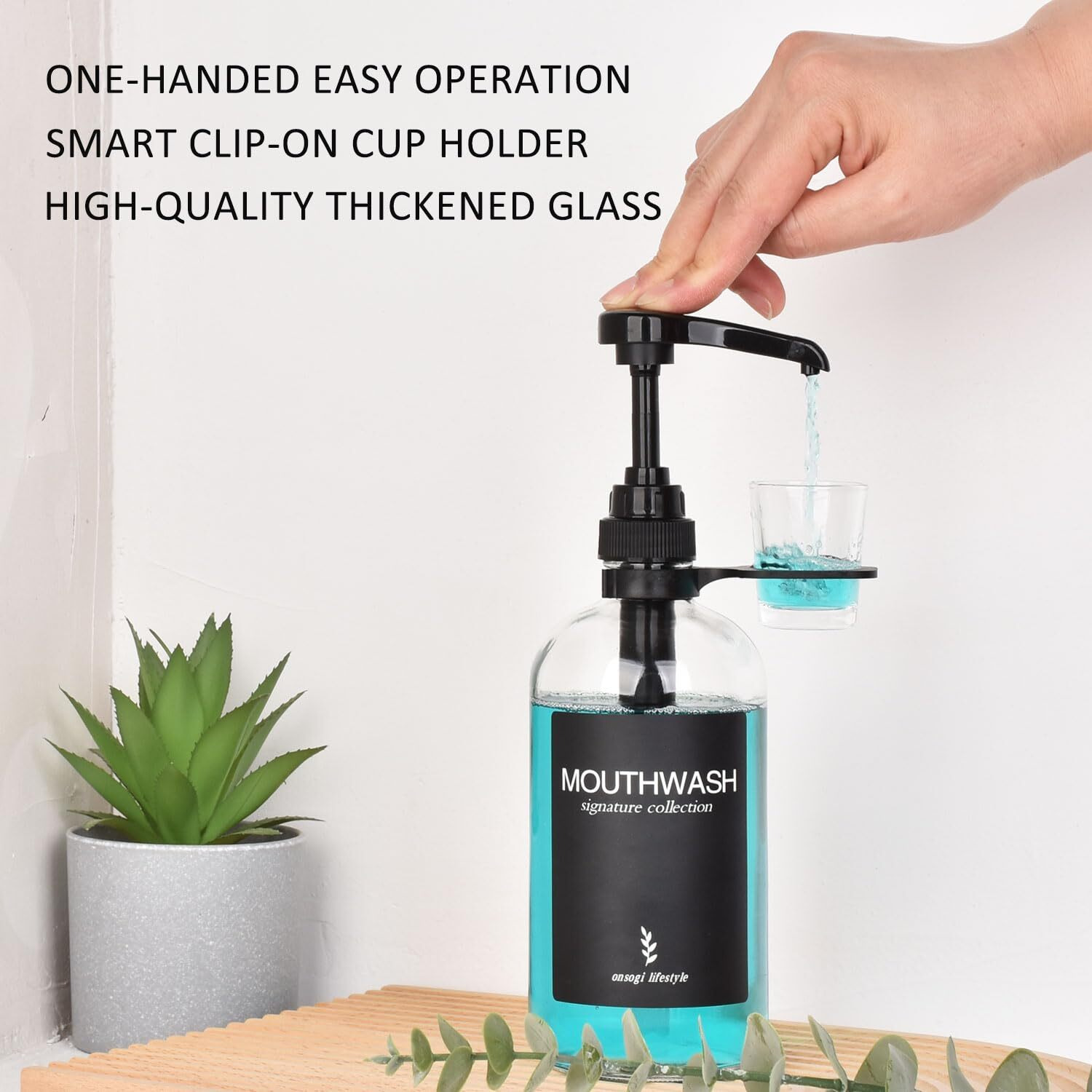 Onsogi Clear Glass Mouthwash Dispenser With Black Cup Holder And Pump, 16 Oz Rustic Boho Mouthwash Dispenser For Bathroom Farmhouse Decor - 1 Pack