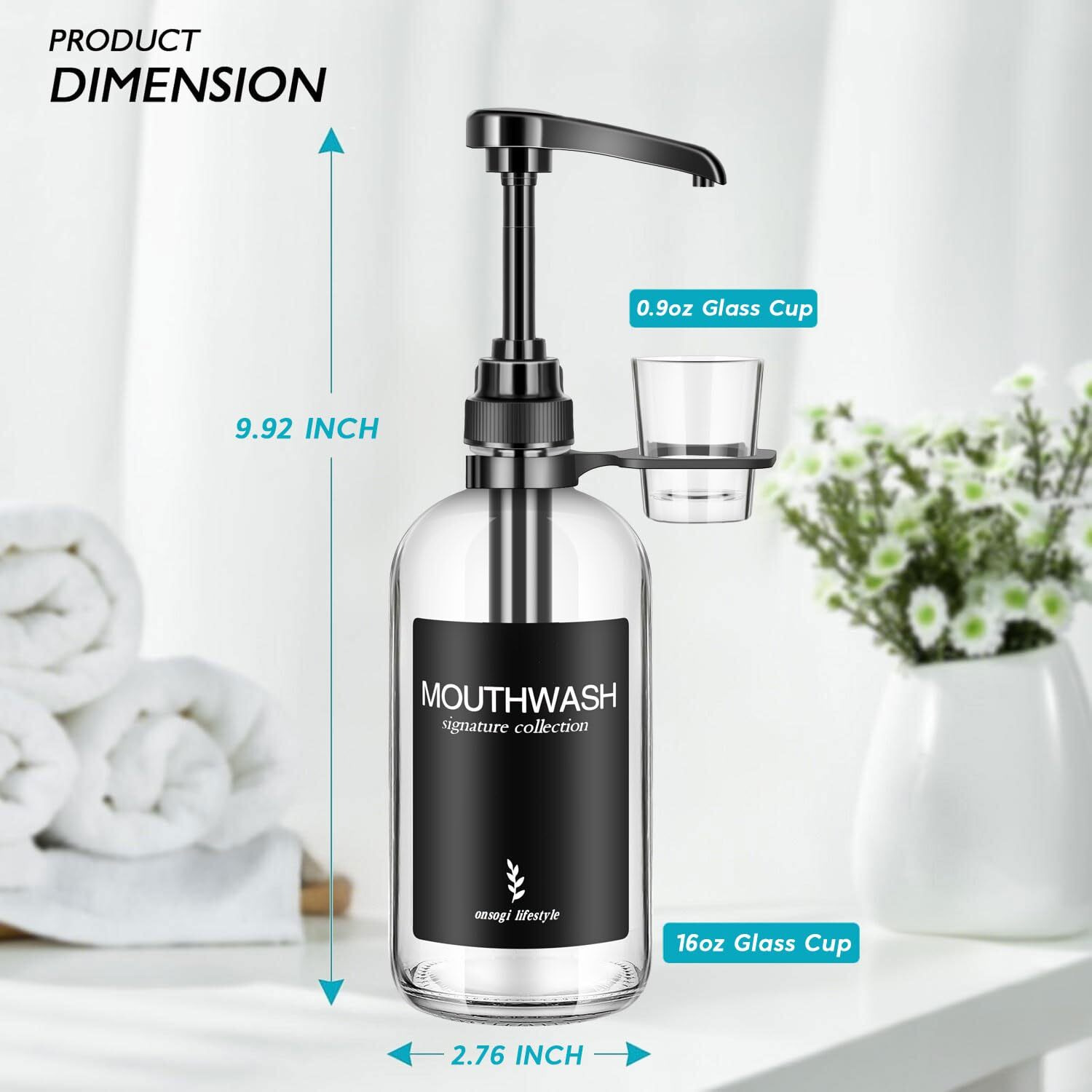 Onsogi Clear Glass Mouthwash Dispenser With Black Cup Holder And Pump, 16 Oz Rustic Boho Mouthwash Dispenser For Bathroom Farmhouse Decor - 1 Pack
