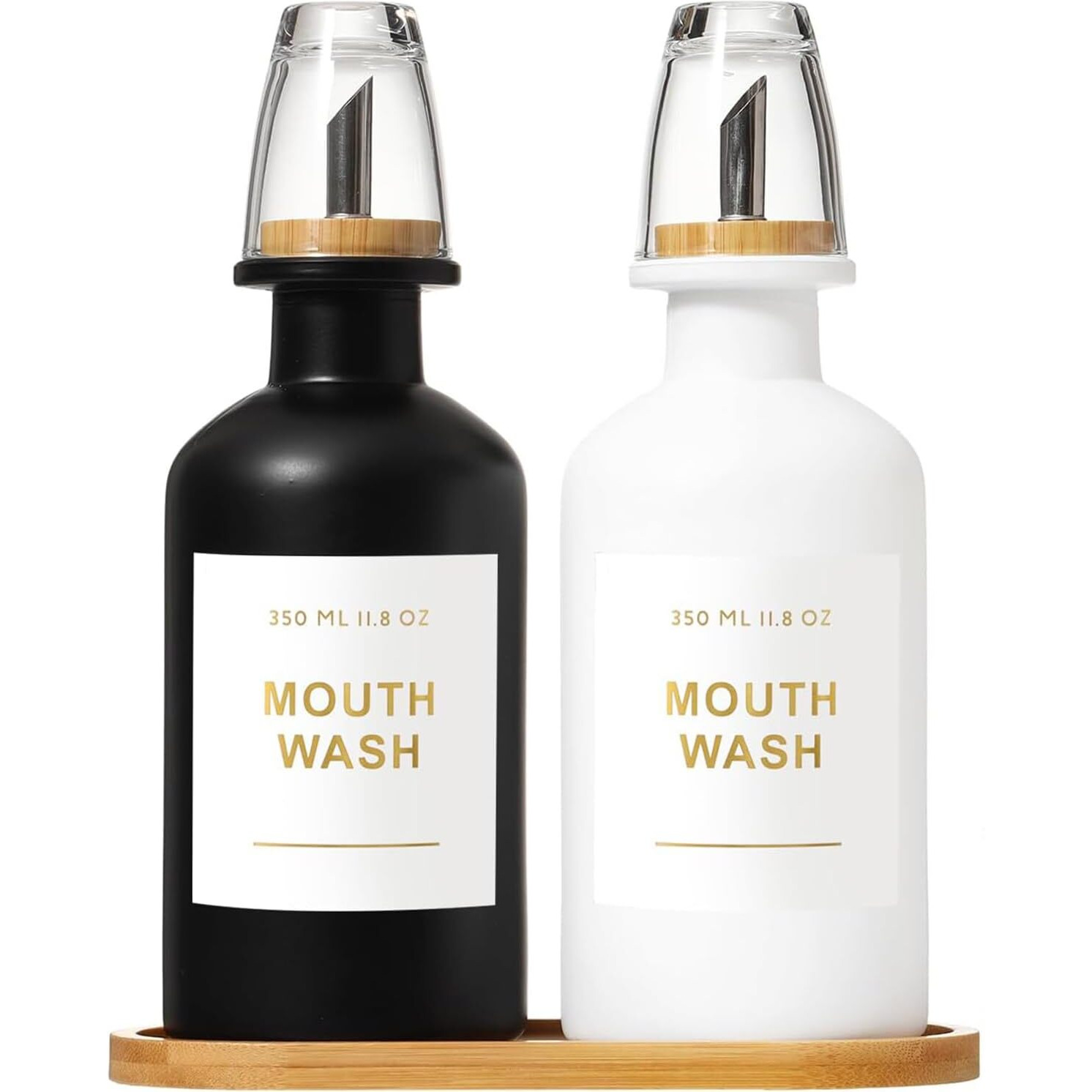 Bonlong 11.8Oz Mouthwash Dispenser For Bathroom With Bamboo & Stainless Steel Pour Spout, Mouthwash Cups Reusable, Bamboo Tray, And Elegant Gold Label. Set Of 2(Black/White