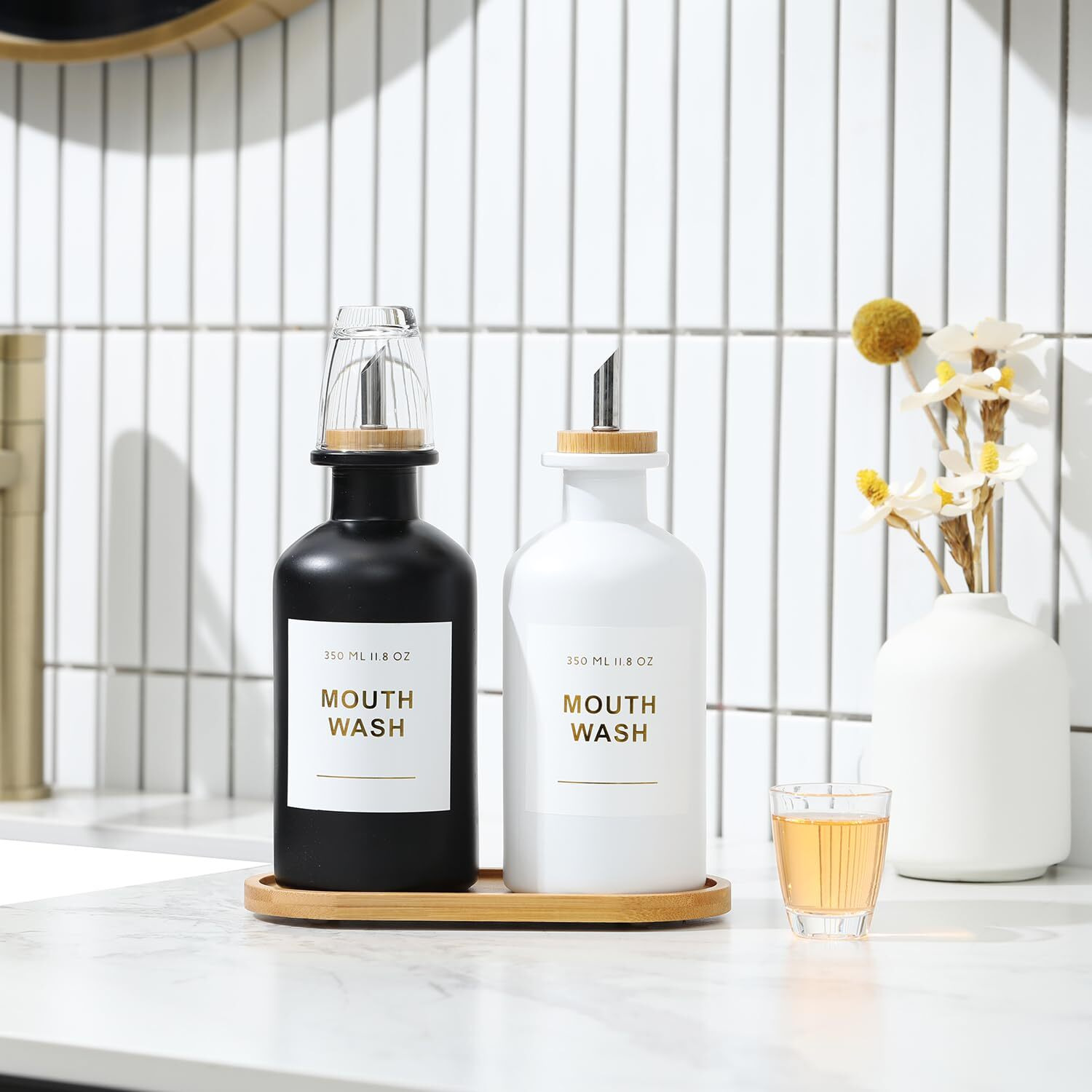 Bonlong 11.8Oz Mouthwash Dispenser For Bathroom With Bamboo & Stainless Steel Pour Spout, Mouthwash Cups Reusable, Bamboo Tray, And Elegant Gold Label. Set Of 2(Black/White