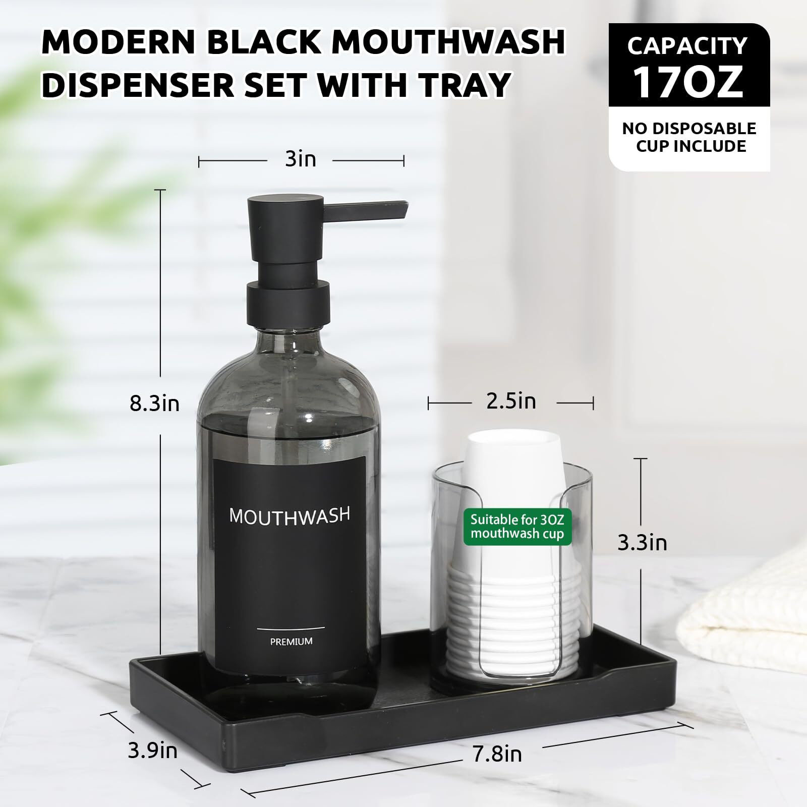 Toldatli Mouthwash Dispenser For Bathroom, Clear Black Glass Mouth Wash Pump Dispenser With Cup Holder, 17 Fl Oz Mouthwash Bottle Decanter With Tray, Refillable Mouthwash Dispenser Container