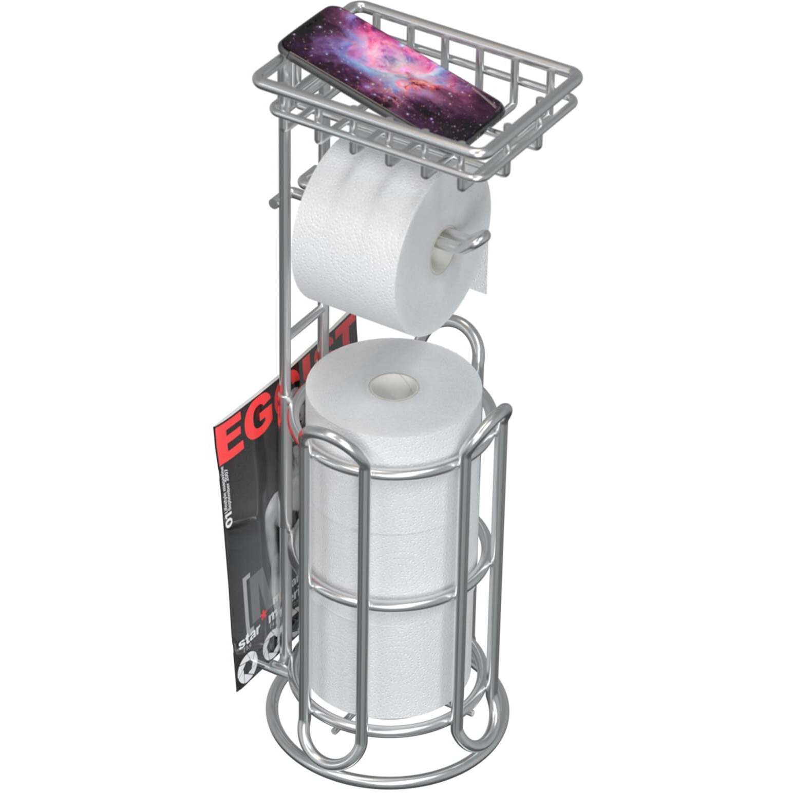 Mega Roll Toilet Paper Holder Stainless Steel Bathroom Tissue Holder Stand Tp Dispenser With Phone/Wipe Shelf & Magazine Rack Free Standing-Chrome