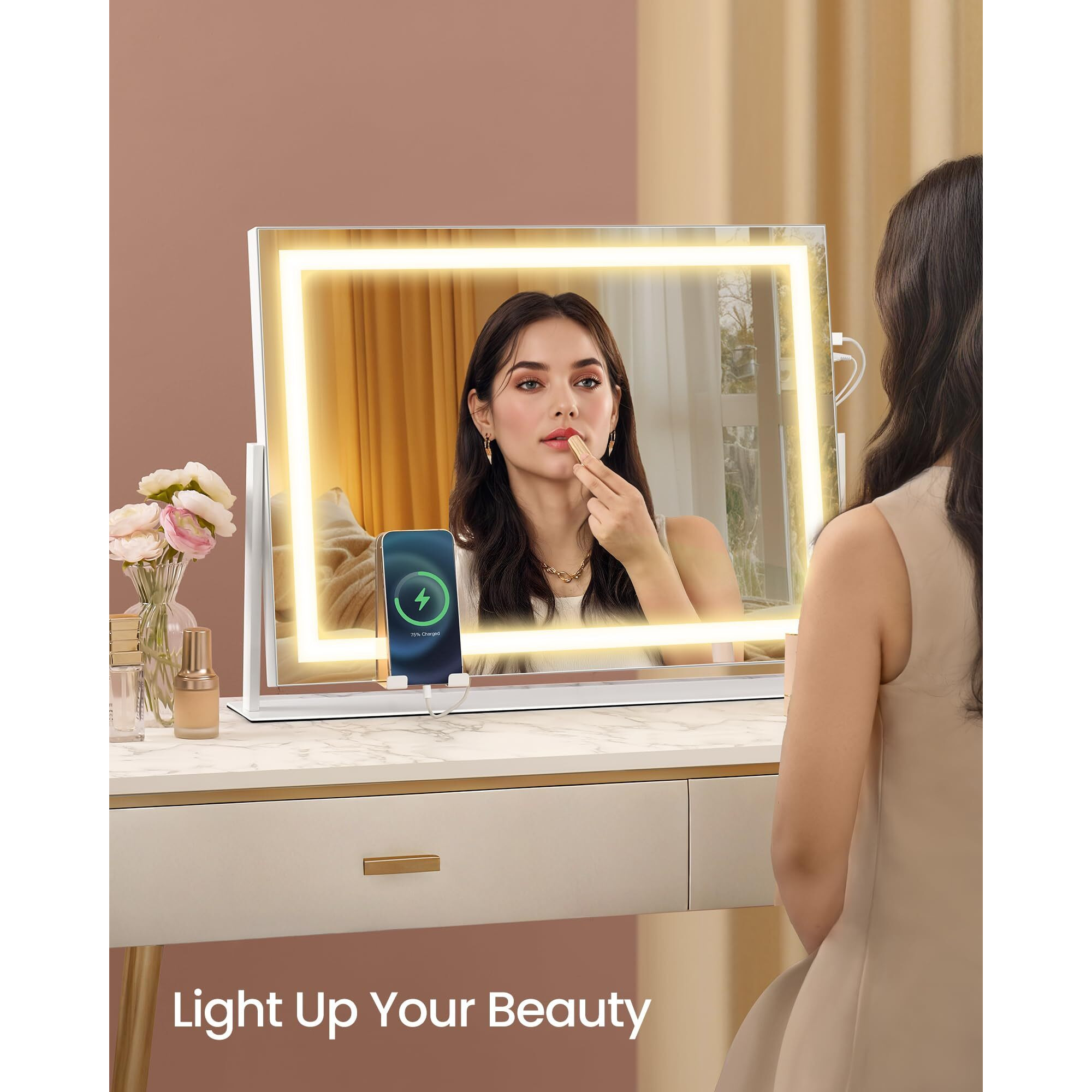Songmics Vanity Makeup Mirror With Lights, Touch Control, Angle-Adjustable, Charging Ports, Detachable 10X Magnifying Mirror, 3 Color Temperatures, Dimmable, Phone Holder, Matte White Ulwm002W01V1