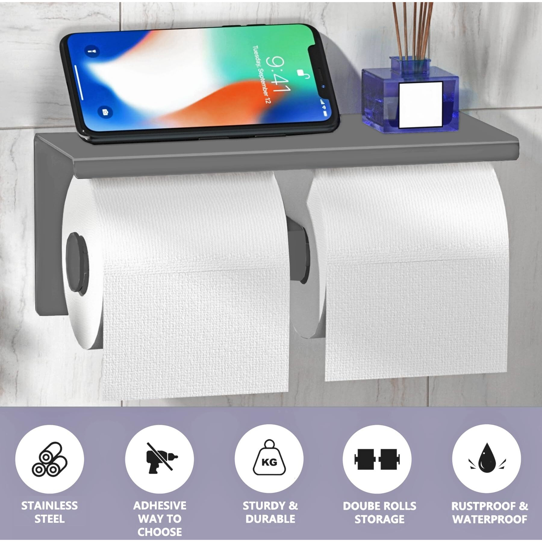 Yeavs Double Toilet Paper Holder-Stainless Steel Tissue Roll Rack With Phone Storage Shelf (Grey)