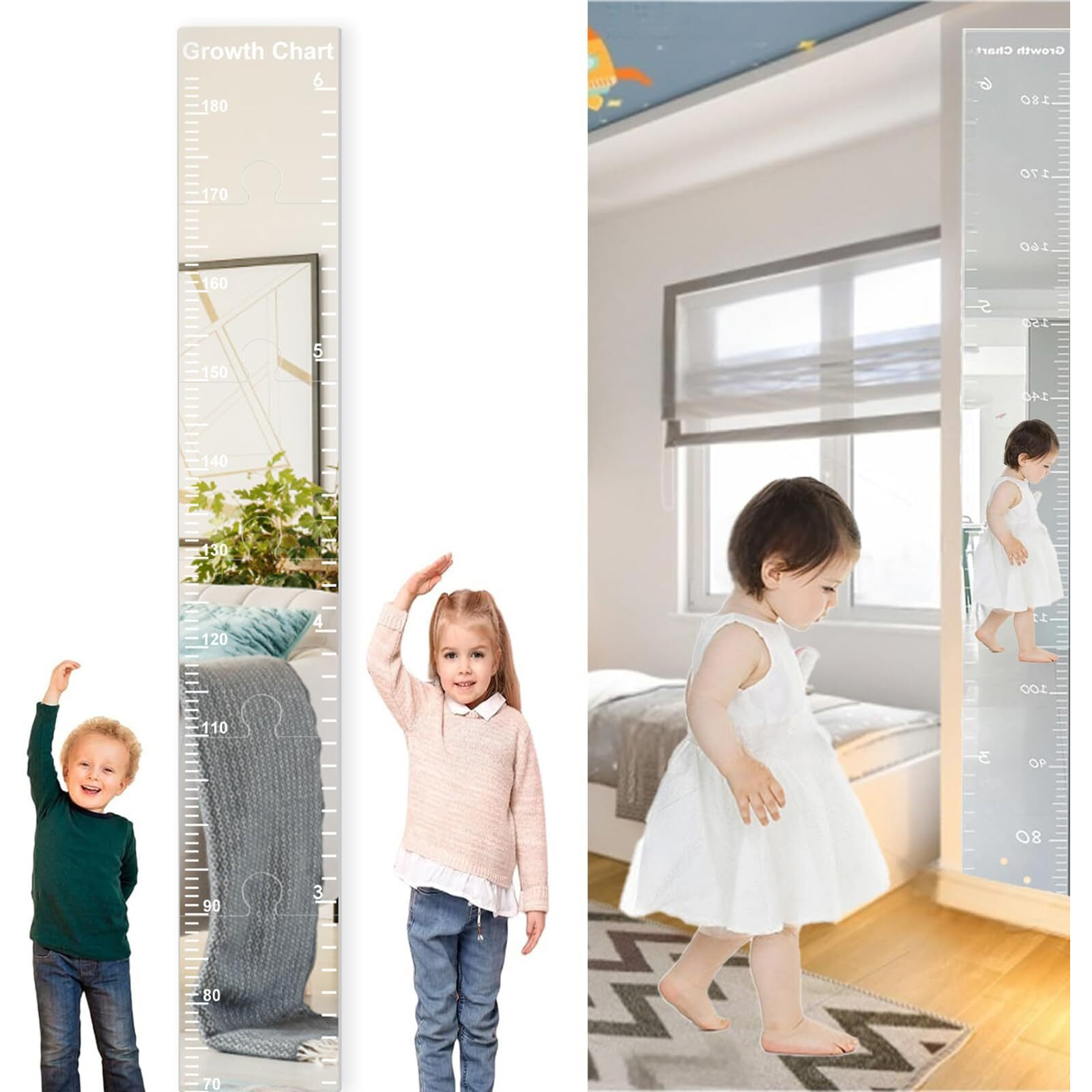 Growth Chart Mirror, Height Ruler With Stickers,Puzzle Mirror Growth Chart For Wall,Growth Chart For Wall-Shatterproof Acrylic Full Body Measurement