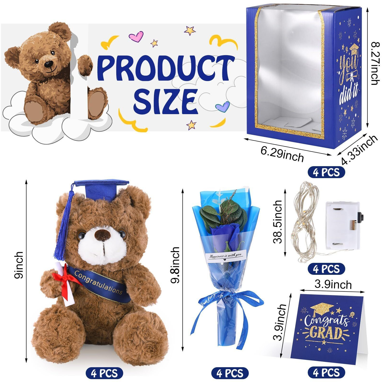 Joottuan 2025 Graduation Gifts Set Plush Stuffed Teddy Bears Artificial Soap Flower Congrats Greeting Card Graduation Box With Window Graduation Gifts For Her Him College Adult