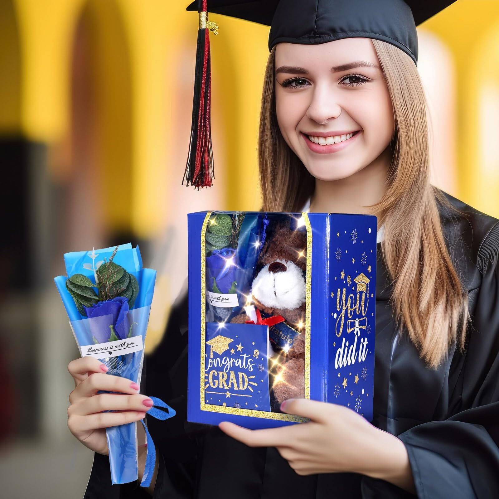 Joottuan 2025 Graduation Gifts Set Plush Stuffed Teddy Bears Artificial Soap Flower Congrats Greeting Card Graduation Box With Window Graduation Gifts For Her Him College Adult