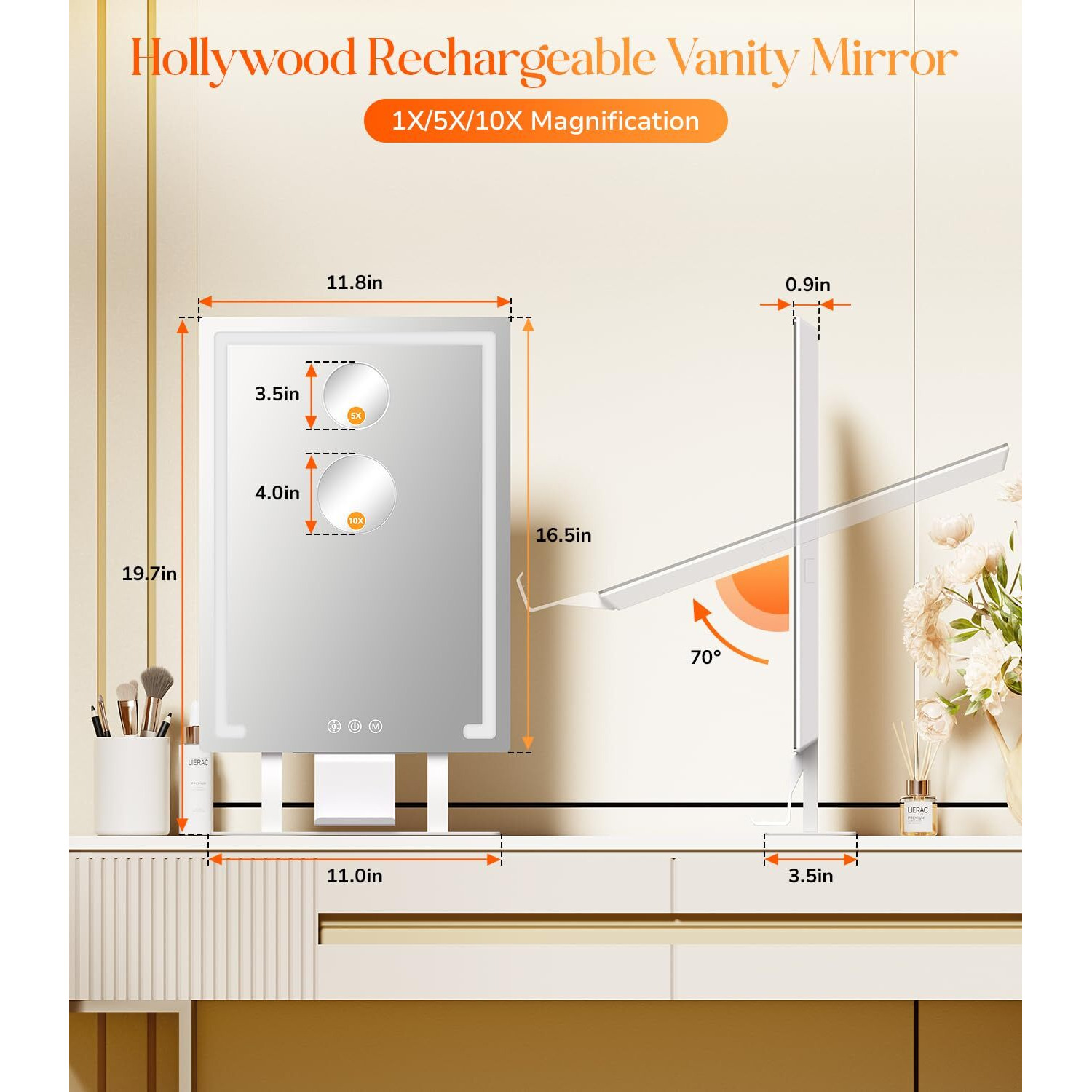 Gospire Hollywood Lighted Makeup Mirror, 4000Mah Rechargeable Vanity Mirror, 3 Color Modes Lighting Mirror With Magnification 5X/10X, Touch Control&Phone Holder, Led Desktop Mirror For Bedroom