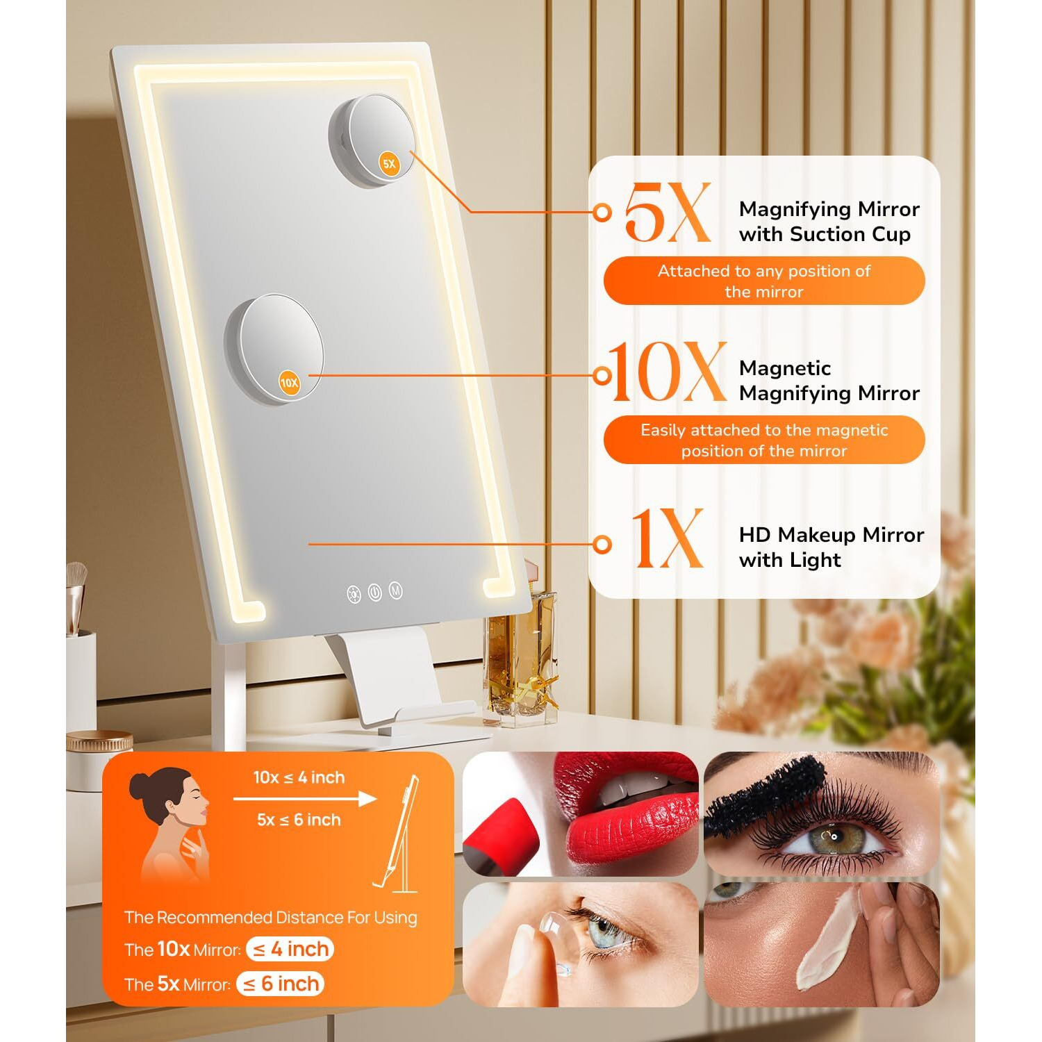 Gospire Hollywood Lighted Makeup Mirror, 4000Mah Rechargeable Vanity Mirror, 3 Color Modes Lighting Mirror With Magnification 5X/10X, Touch Control&Phone Holder, Led Desktop Mirror For Bedroom