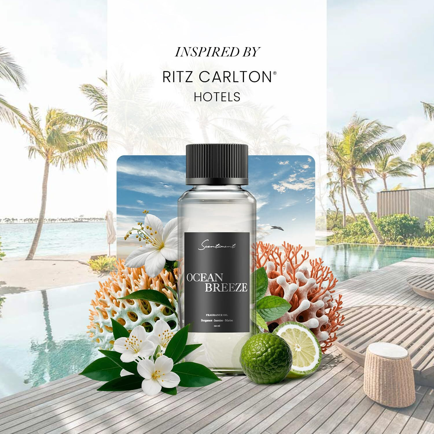 Scentiment Diffuser Oil - Ocean Breeze | Inspired By Ritz-Carlton Hotels' Lobby Scent | Luxurious Scent With Notes Of Bergamot, Lemon, Jasmine With Marine & Amber (500Ml)