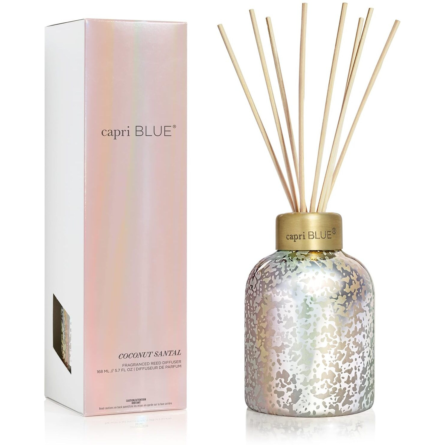 Capri Blue Reed Diffuser - Reed Diffuser Set Includes Scented Oil, Sticks, And Mercury Iridescent Glass Bottle - Home Decor Room Fresheners - Coconut Santal (5.7 Fl Oz)