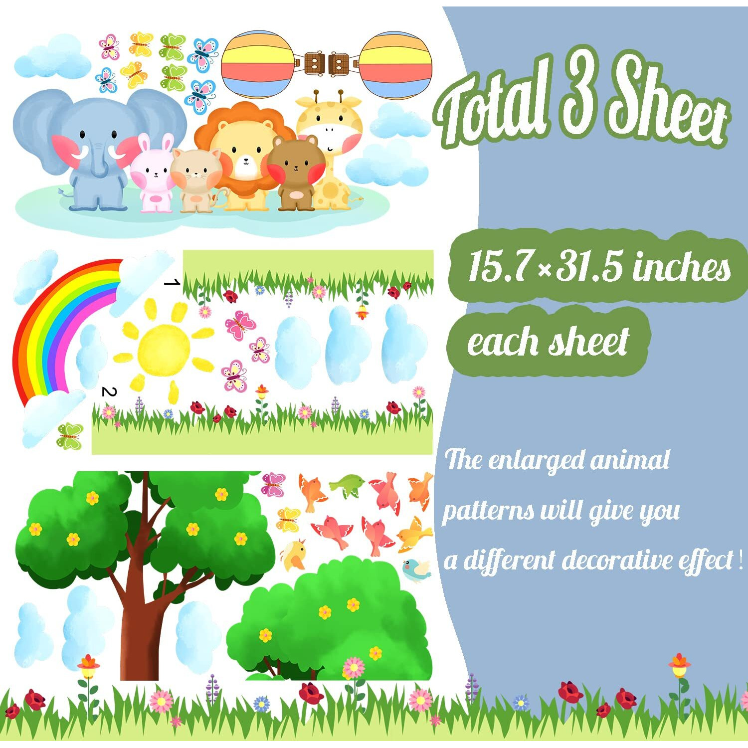 Kokolap 3 Sheet Big Tree Animal Wall Stickers,Forest Animal Wall Decal Baby Room Decor,Nursery Wall Decor Sun Wall Stickers Peel And Stick,Elephant Bear Wall Sticker Kids Room Bedroom Classroom Decor