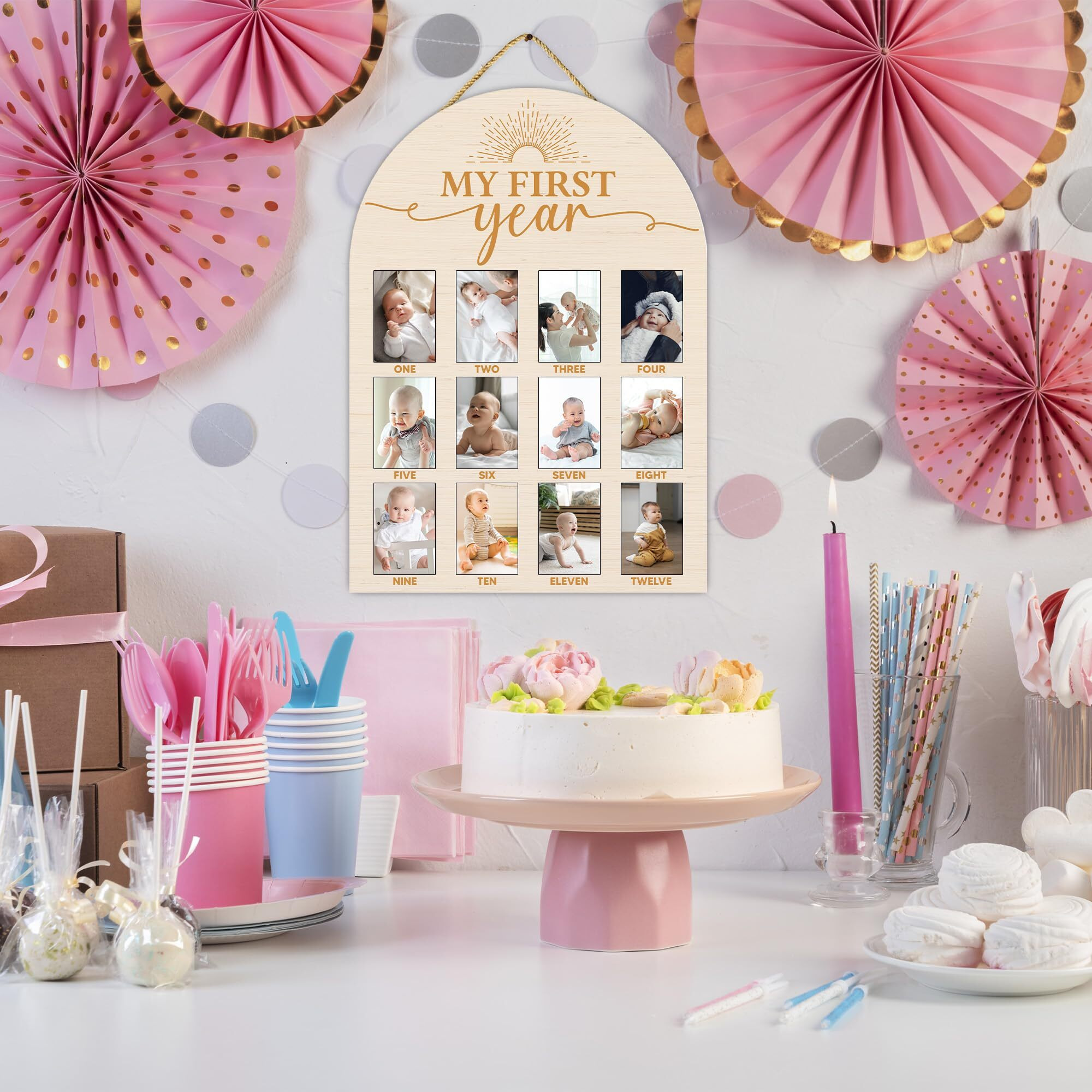 Sixeight One Year Of Wood Photo Board, My First Year Milestone Photo Board, 12 Monthly Baby Picture Frame, One In The Sun Nursery Decor, Girl Boy 1St Birthday Decorations, Baby Keepsake Best Gift-A12